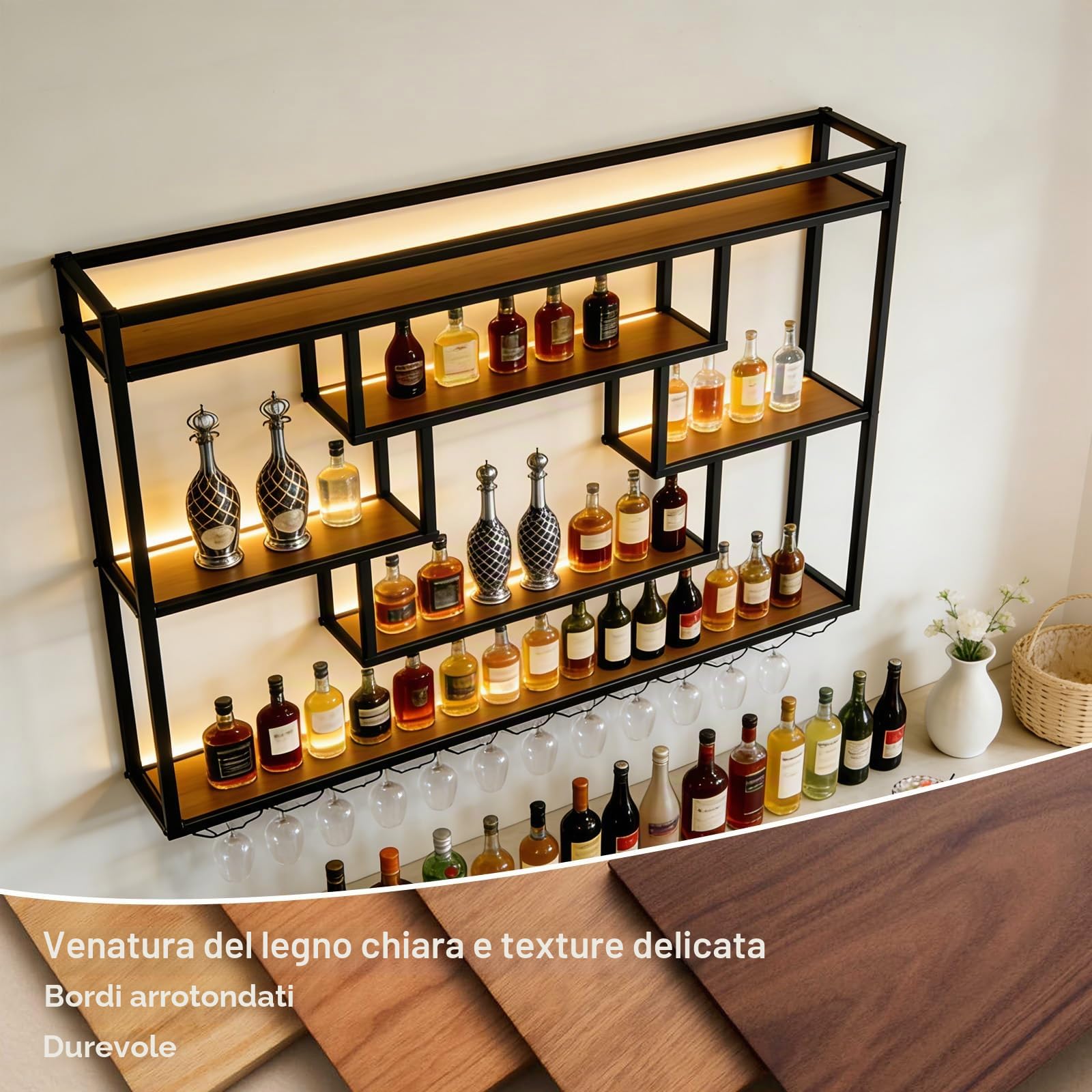 Portabottiglie da Parete con luce LED, Portabottiglie in Metallo e Legno di Grande Capacità, Mensola Espositiva per Bottiglie di vino con Portabicchieri, per bar, sala da pranzo, cucina (160cm)