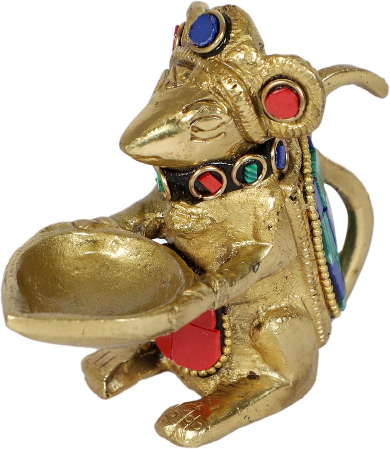 Two Moustaches Gemstone Work Brass Ganesha Mouse Holding Oil Lamp Diya, Standard, Pack of 1