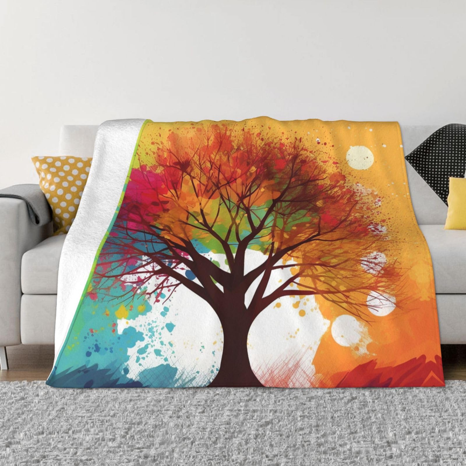 Couverture polaire flanelle légère 152x127 cm jeté de lit imprimé arbre coloré design