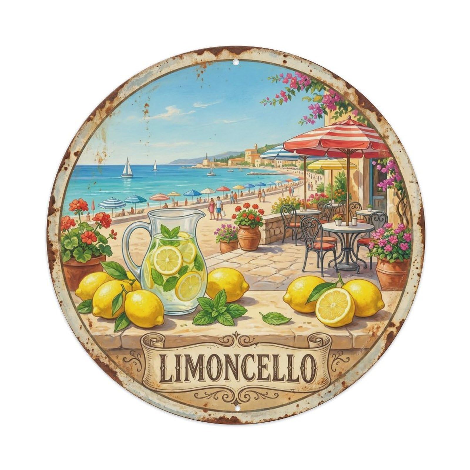 Fresh Limoncello Seaside Vintage Metal Tin Sign Plaque Wall Decor for Cafe, Club, Garden Round Metal Poster 8x8Inch