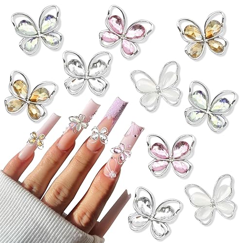 Kit de dijes para arte de uñas con flores blancas acrílicas 3D, 20 piezas de dijes de mariposa de metal con formas mixtas, diamantes de imitación