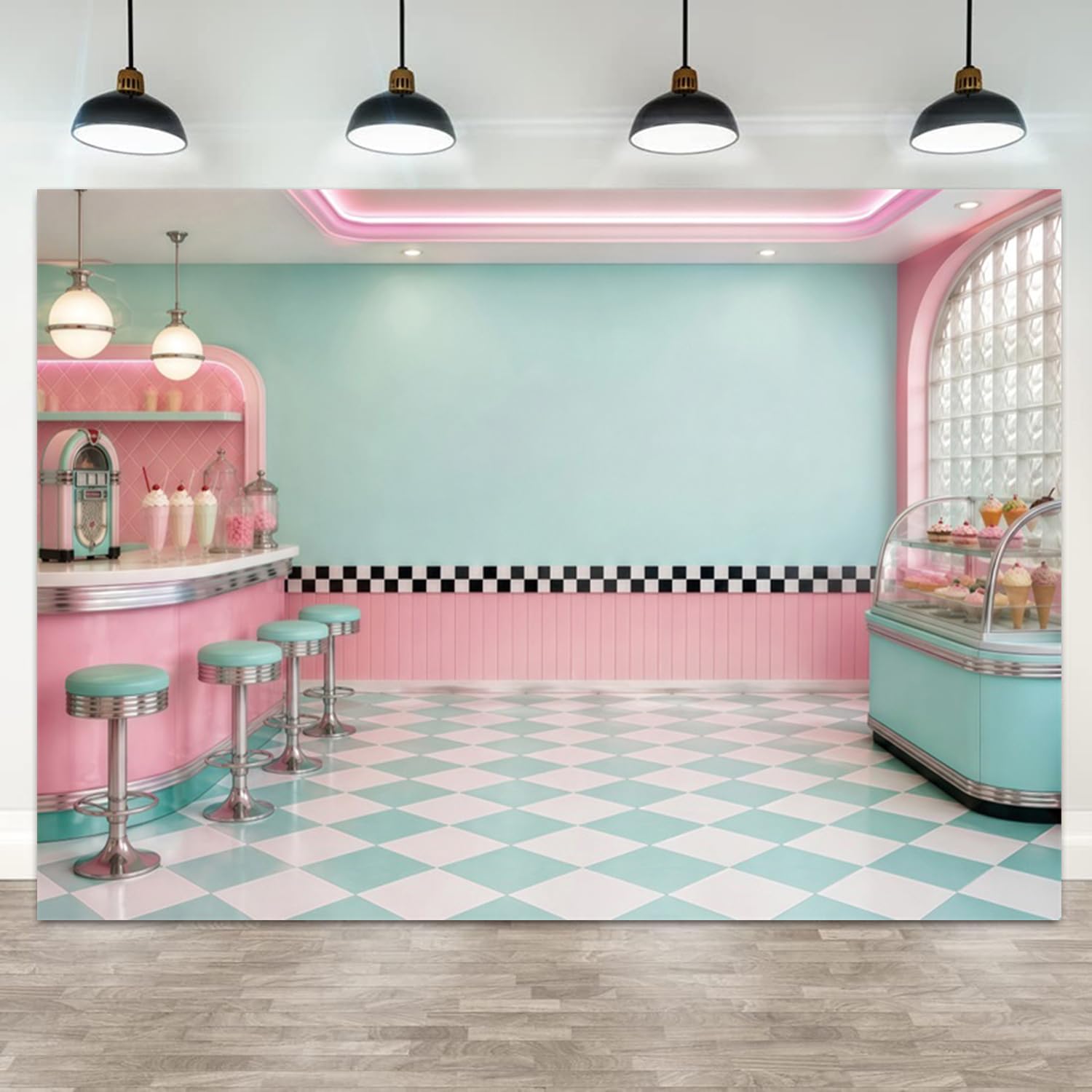 3x2,4 m Retro anni '50 Diner Gelateria Fotografia Sfondo Pastello Rosa Blu Dolci Negozio di Dolci Photo Booth Sfondo per Festa di Compleanno Baby Shower Decorazioni Vintage Dessert Bar Banner