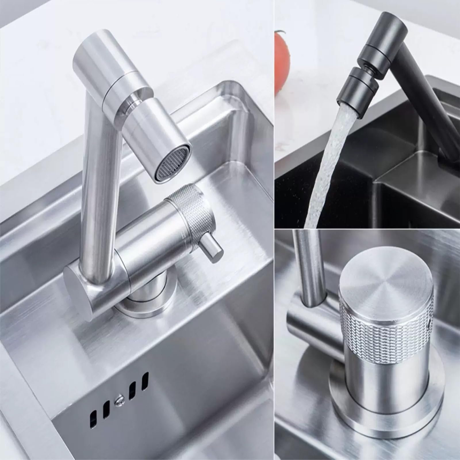 Fregadero Camper, Fregadero de Cocina, Acero Inoxidable 304, Tapa Oculta, Grifo Plegable, 25×43x22 cm, para Autocaravanas y Remolques(Silver)