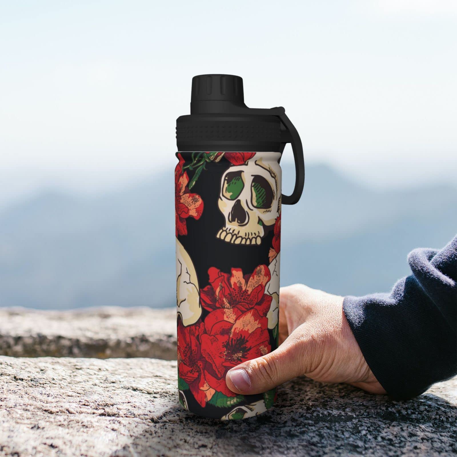 Rose And Skull Sport-Wasserflasche, 510 ml, isolierte Edelstahl, auslaufsichere Wasserflasche für Reisen, Fitnessstudio, Büro