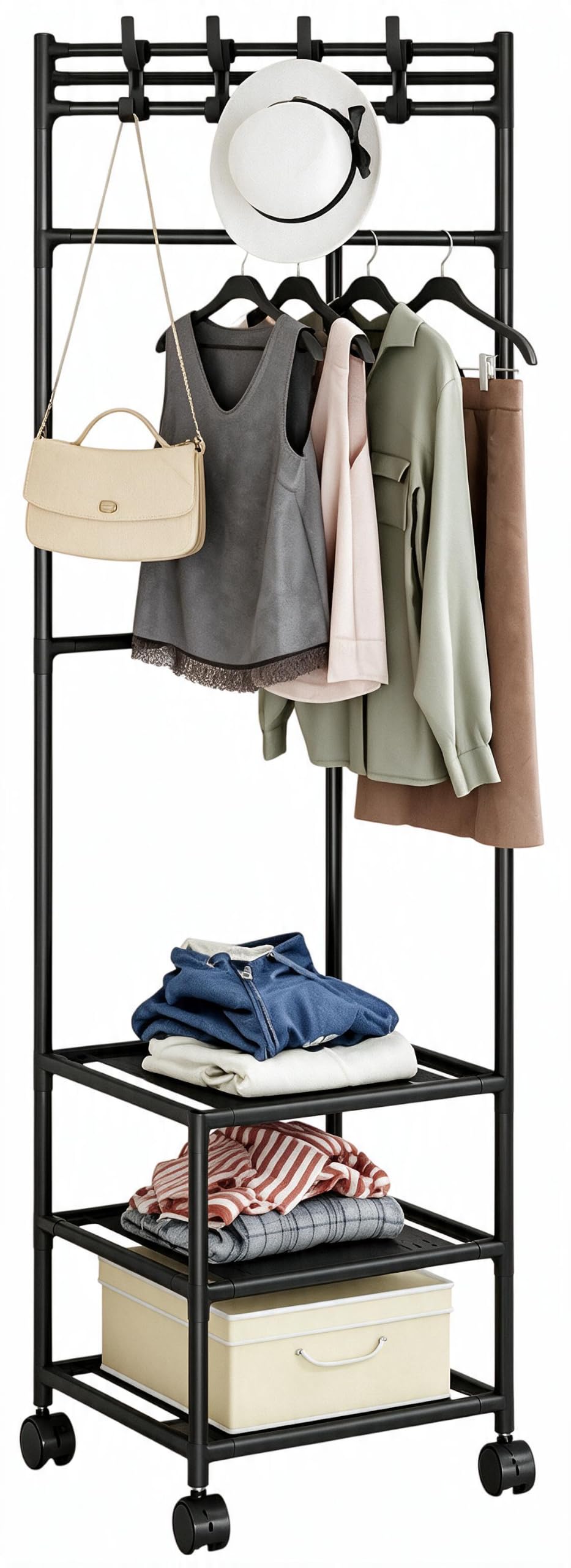 Clothes Rack for Bedroom Corner 3-Tier Free Standing Clothes Rail on Wheels