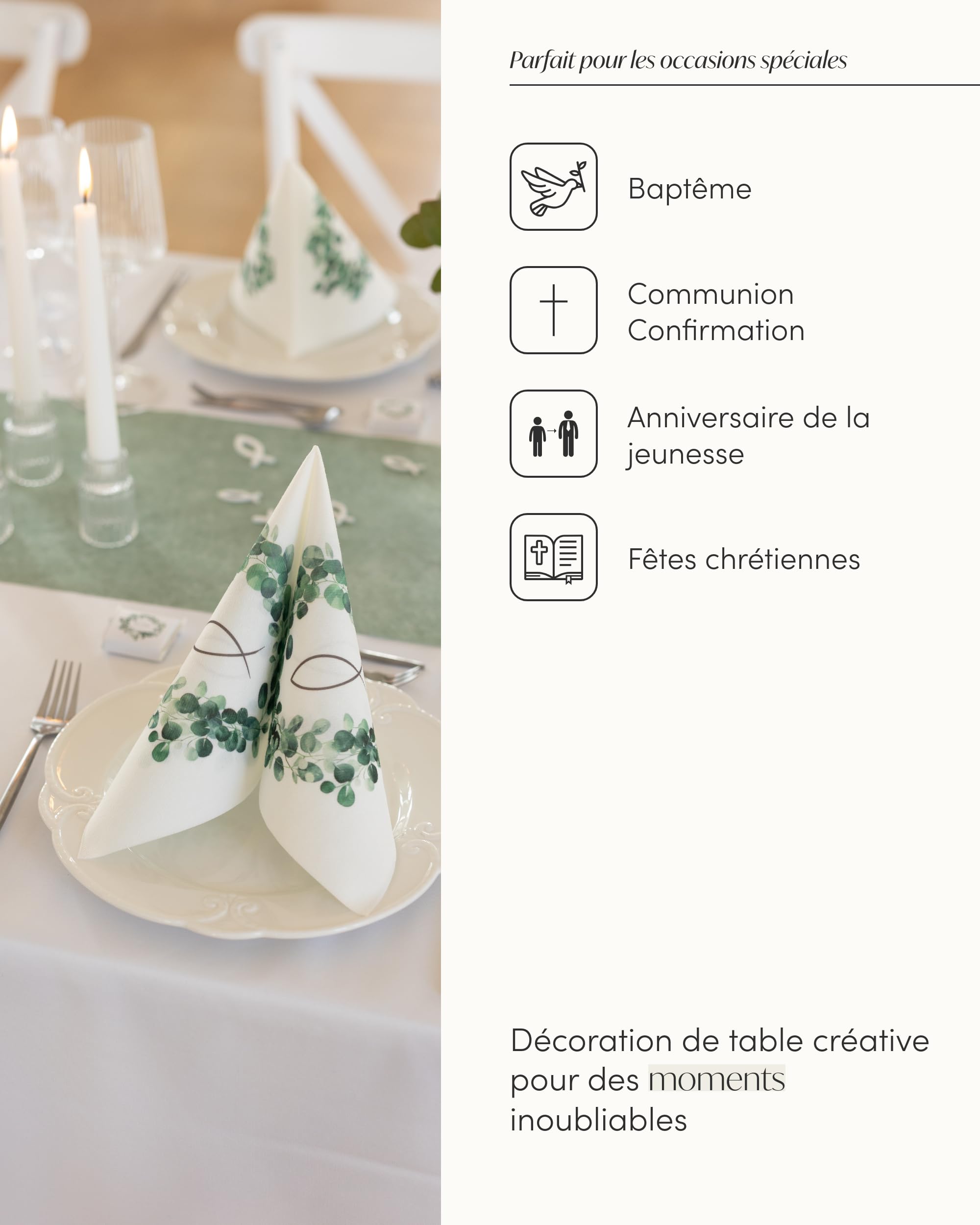 100% Mosel Kit Décoration de Table – Couronne Eucalyptus & Poisson (25–50 Invités) – Set complet pour Communion avec Chemin de Table, Serviettes Airlaid & Confettis