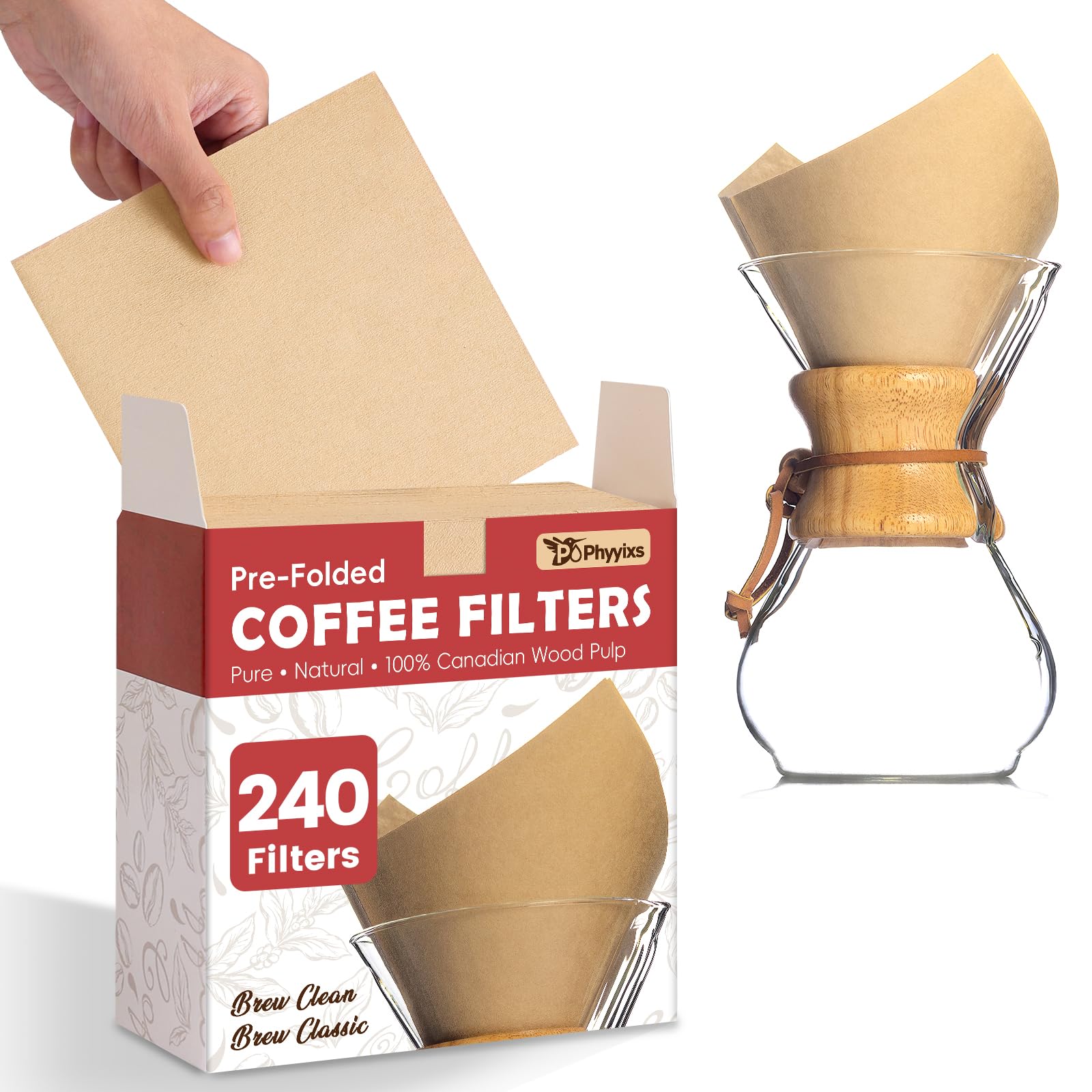 Filtros de café cónicos preplegados sin blanquear – Papel grueso importado de Canadá de alta calidad, compatible con cafeteras CHEMEX (240)