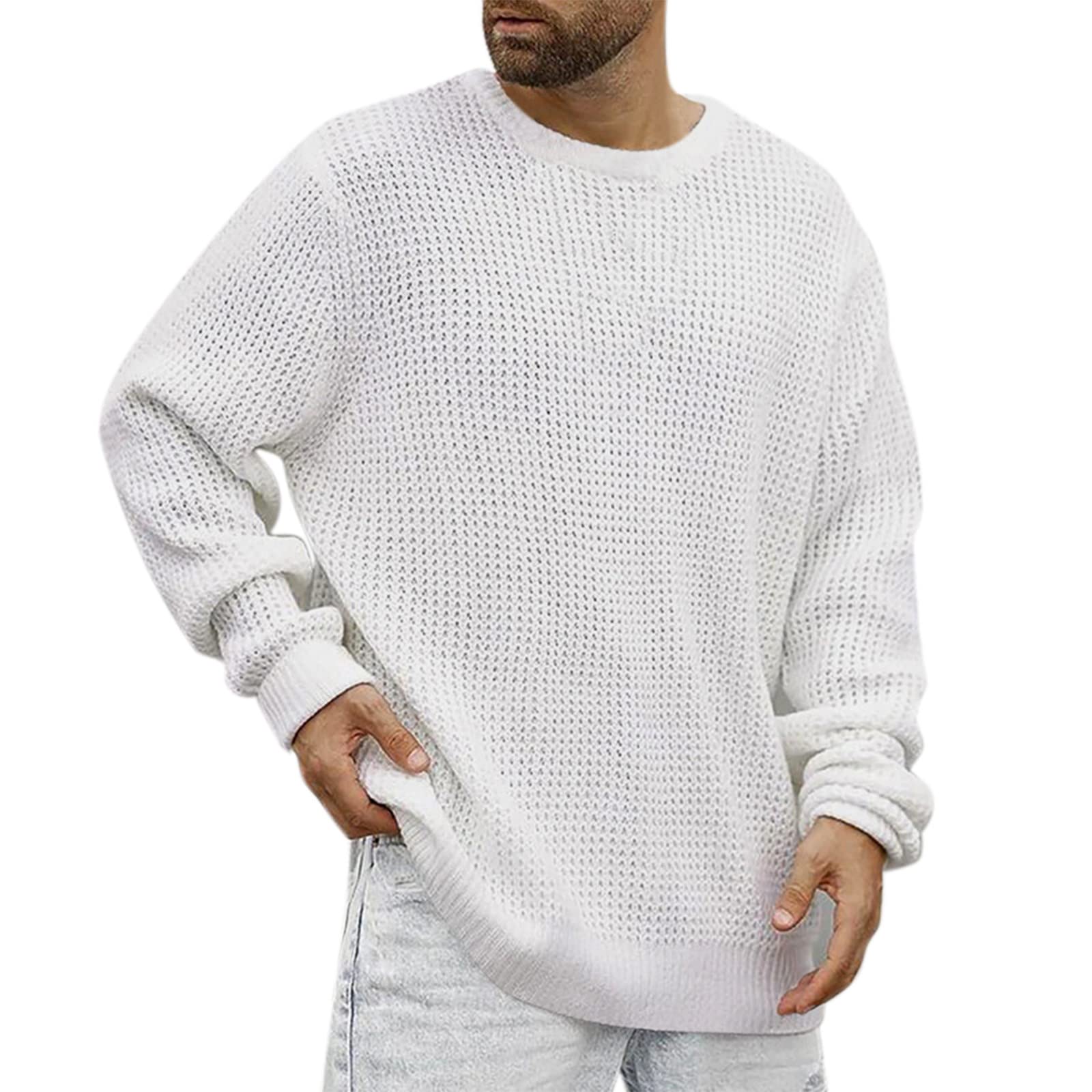 Mens Crewneck Pullover Sweater Textured Long Sleeve Casual Tshirt Lightweight Loose Fit Warm Ribbing Edge Sweatshirt