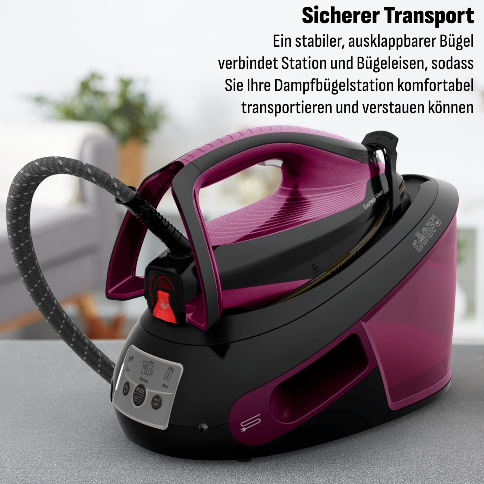 Tefal Express Vision, leistungsstarker 6,9-Bar-Druck, Dampfstoß: 480g/Min., Smart Temp-Technologie, LED Beleuchtung, abnehmbarer Kalk-Kollektor, Eco-Modus, 1,8 L Wassertank, lila/schwarz, SV8152
