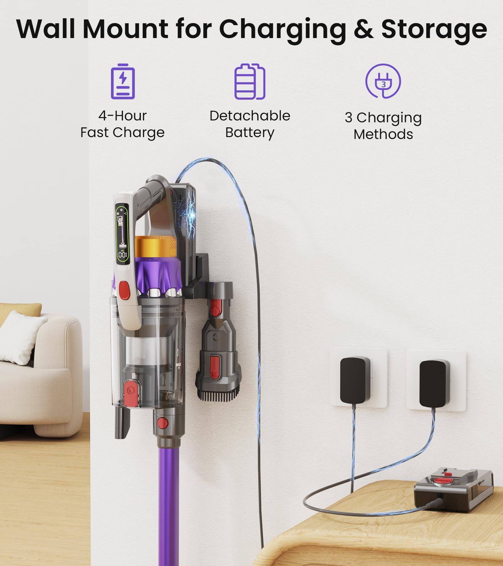 NADALY Cordless Vacuum Cleaner, 650W 55KPA 70Mins Vacuum Cleaners for Home, Anti-Tangle, Self-Standing Stick Vacuum Cordless Rechargeable, Lightweight Vacuum for Hardwood Floors/Pet Hair/Carpet - image 6