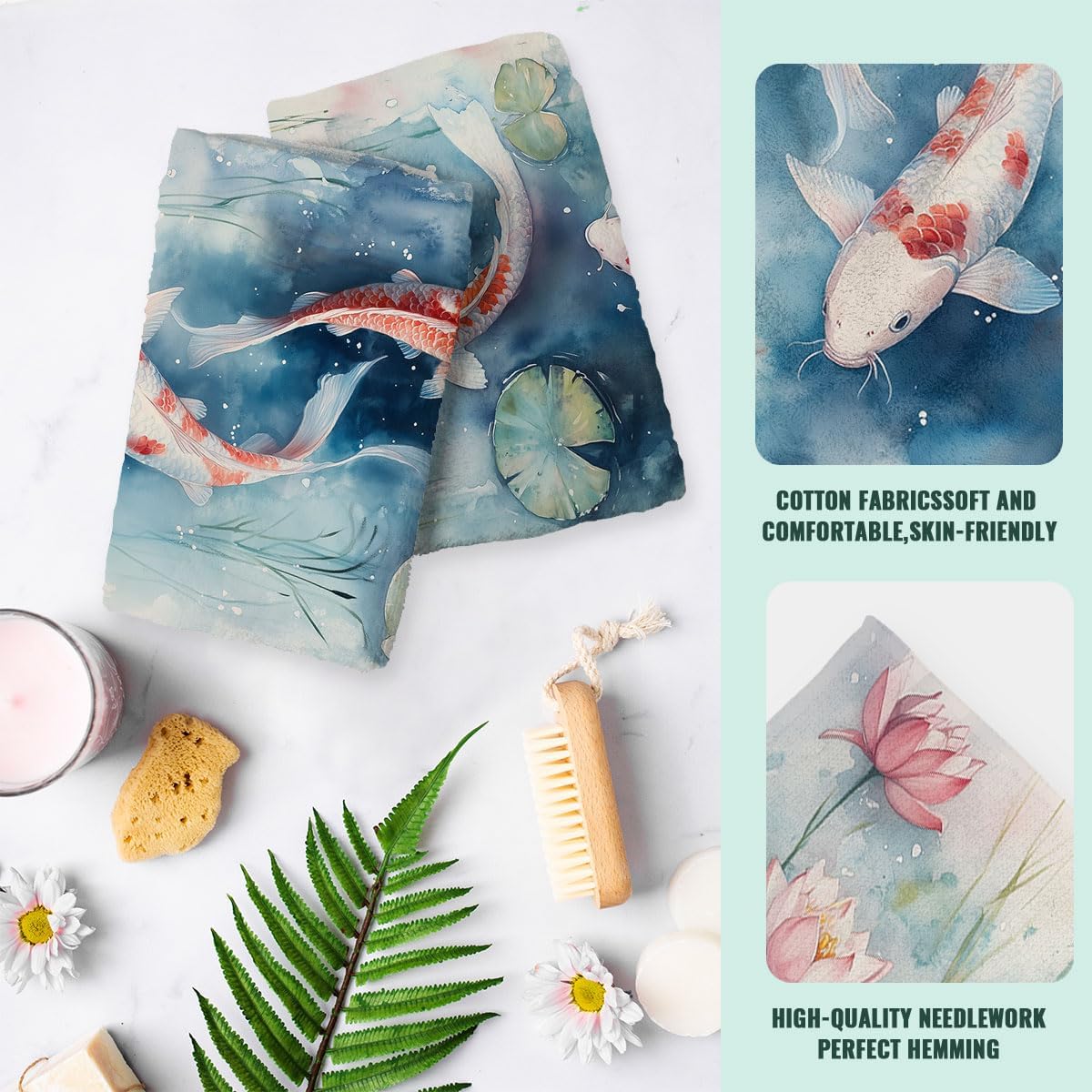 Koi Fish Hand Towels Highly Absorbent Watercolor Japanese Carp Pond Lotus Leaf Bathroom Kitchen Towels Set of 2 Face Towels for Bathroom Gym Hotel Sport Decor Gifts for Women Man 14"x28" - Image 4