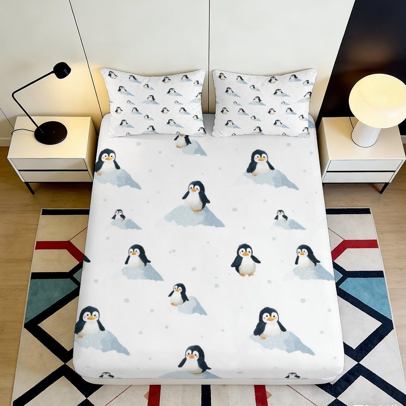 3D Printed Penguin Iceberg Fitted Sheet Microfiber Soft Non Slip Arctic Bed Cover for Bedroom Guest Room Decor 90x200x25cm