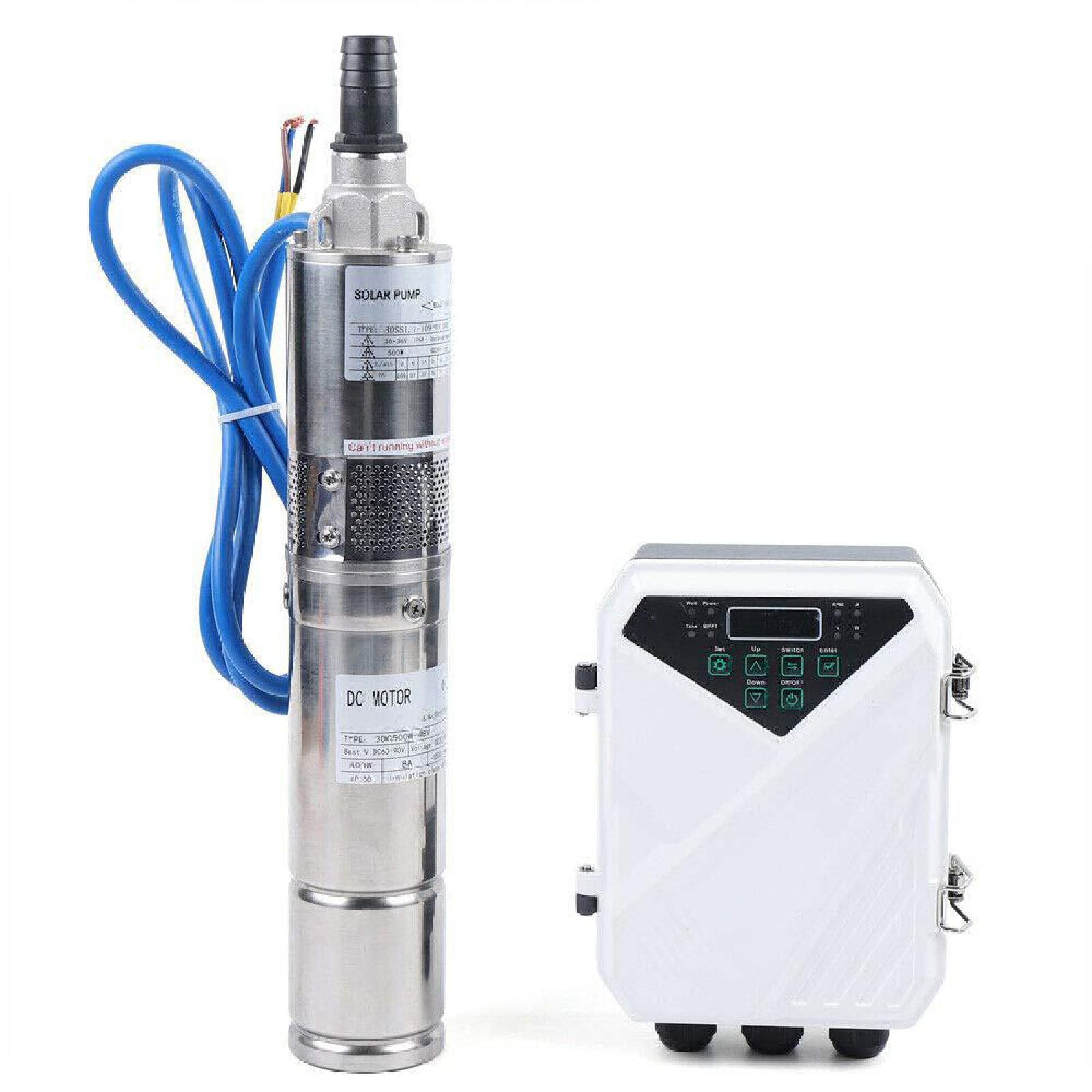 Pompa Sommersa Da 3” per Pozzi Profondi - Pompa Dell'acqua Solare Con Interruttore Automatico - Pompa Dell'acqua Solare Sommersa per L'irrigazione Agricola + Kit Di Controllo MPPT 3DSS0.5-28-12-80