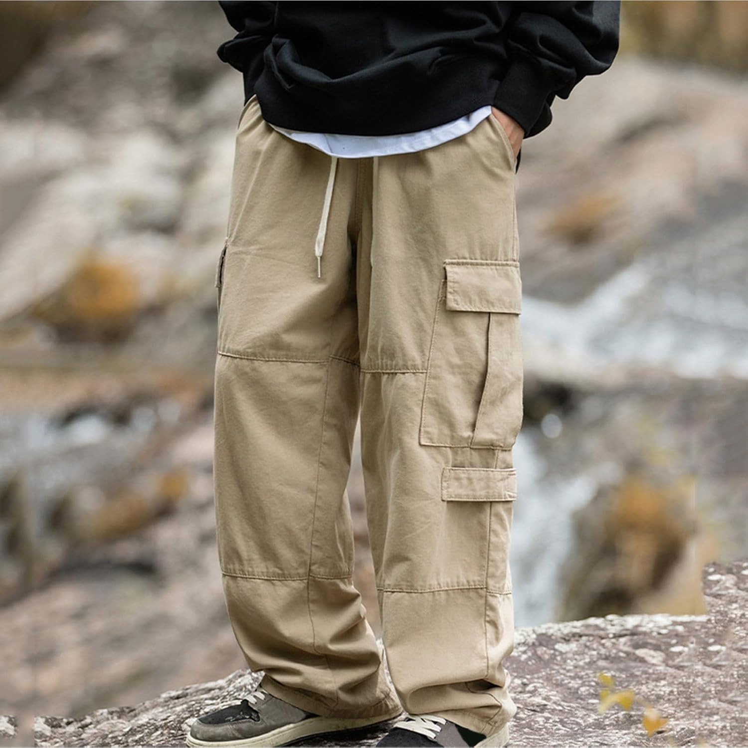 XUNRYAN Cargo Pants Men Casual Sweatpants Lightweight Quick Dry Elastic Waist Drawstring Joggers Pockets Outdoor Trousers
