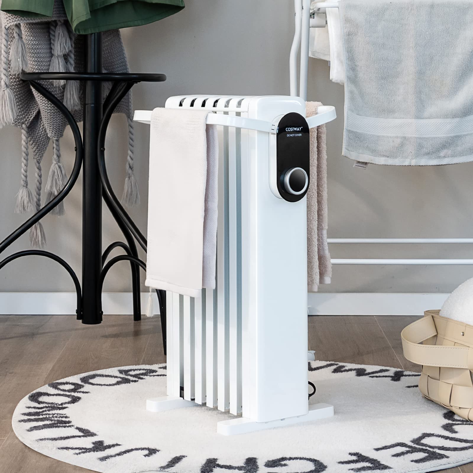 COSTWAY Oil Filled Radiator Heater 1500W, Electric Space Heater with Foldable Hanging Rack, 3 Heat Settings, Dual Safety Protection, Portable Oil Radiant Heater for Indoor Use Home Office (White)