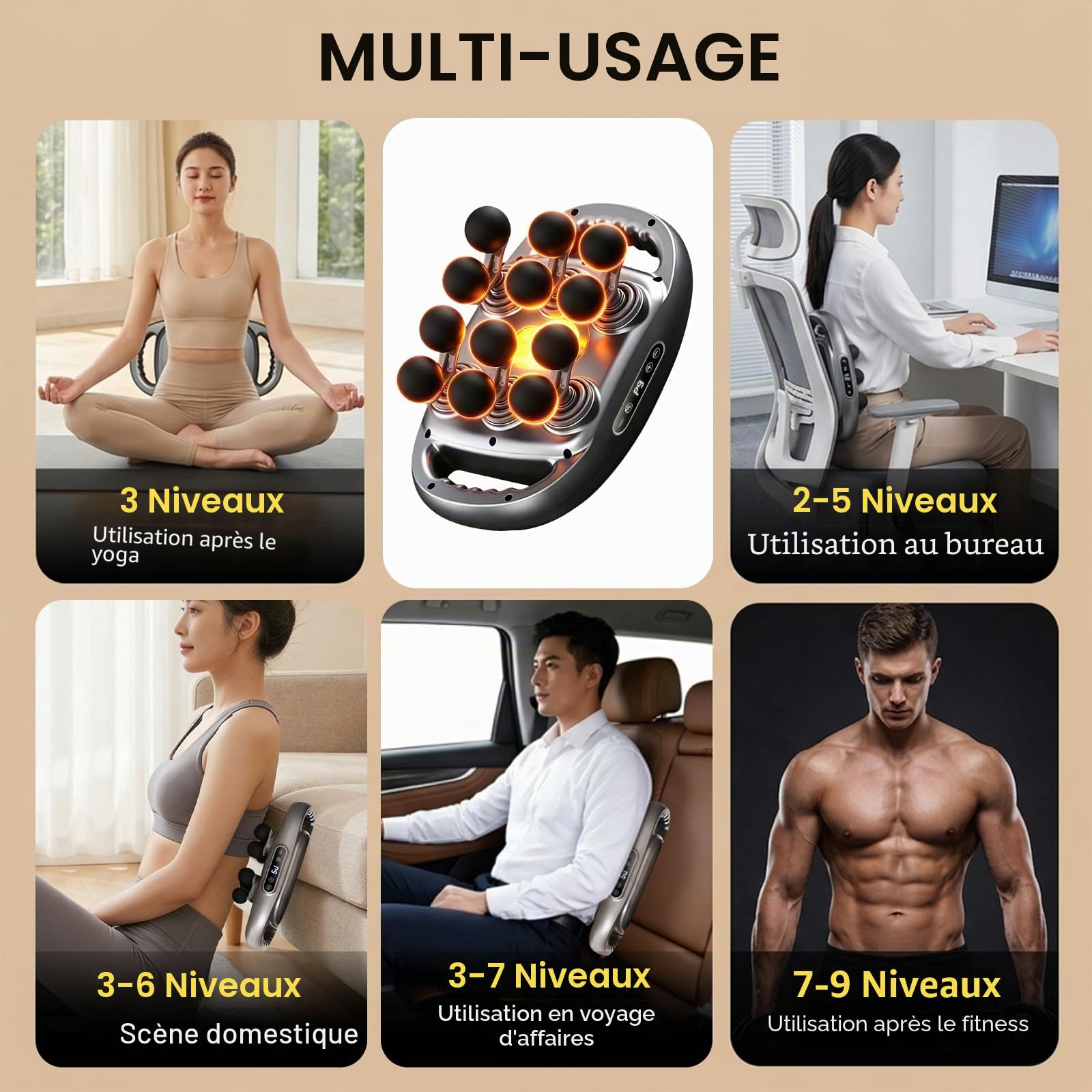 Pistolet de Massage 12 Têtes Tissu Profond pour Dos Jambes Nuque avec Chaleur 9 Modes 9 Intensités Silencieux 35dB Masseur Corporel