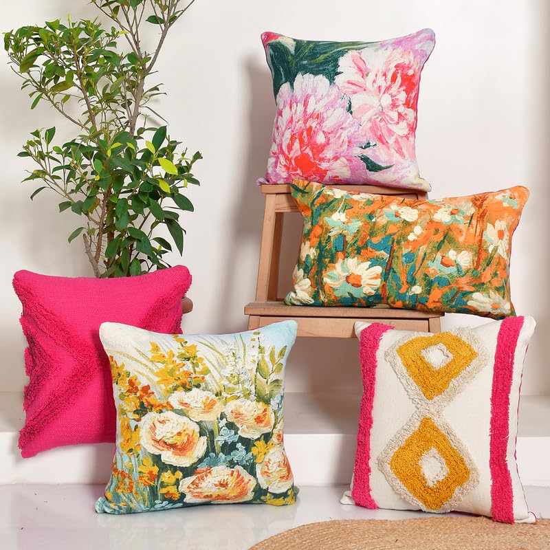 BLANC9 Set of 5 Cushion Covers, 12x20 Inches, 16x16 Inches, Modern and Comfortable Pillow Cases for Home, Office, Living Room - (Multicolor/Poppy Queen) (B0CKKZGQLW) Amazon Price History, Amazon Price Tracker