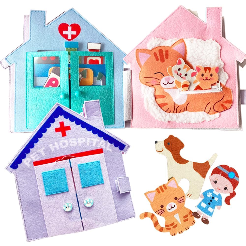MOVEBO-Quiet Book for Toddlers Interactive Felt Busy Book for 3-Year-Old Boys and Girls Best Travel Toy and Educational Gift(Pet Hospital Theme)