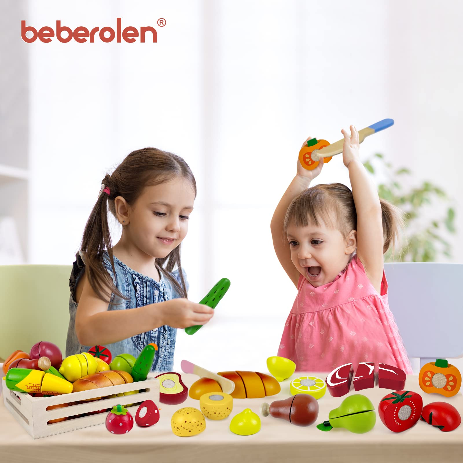 Beberolen Kinderküche Spielküche Zubehör aus Holz, Holzspielzeug Küchenspielzeug Schneiden Obst Gemüse Lebensmittel Holz mit Klett-Verbindung für Kinder, Lernspielzeug Rollenspiele Geschenk
