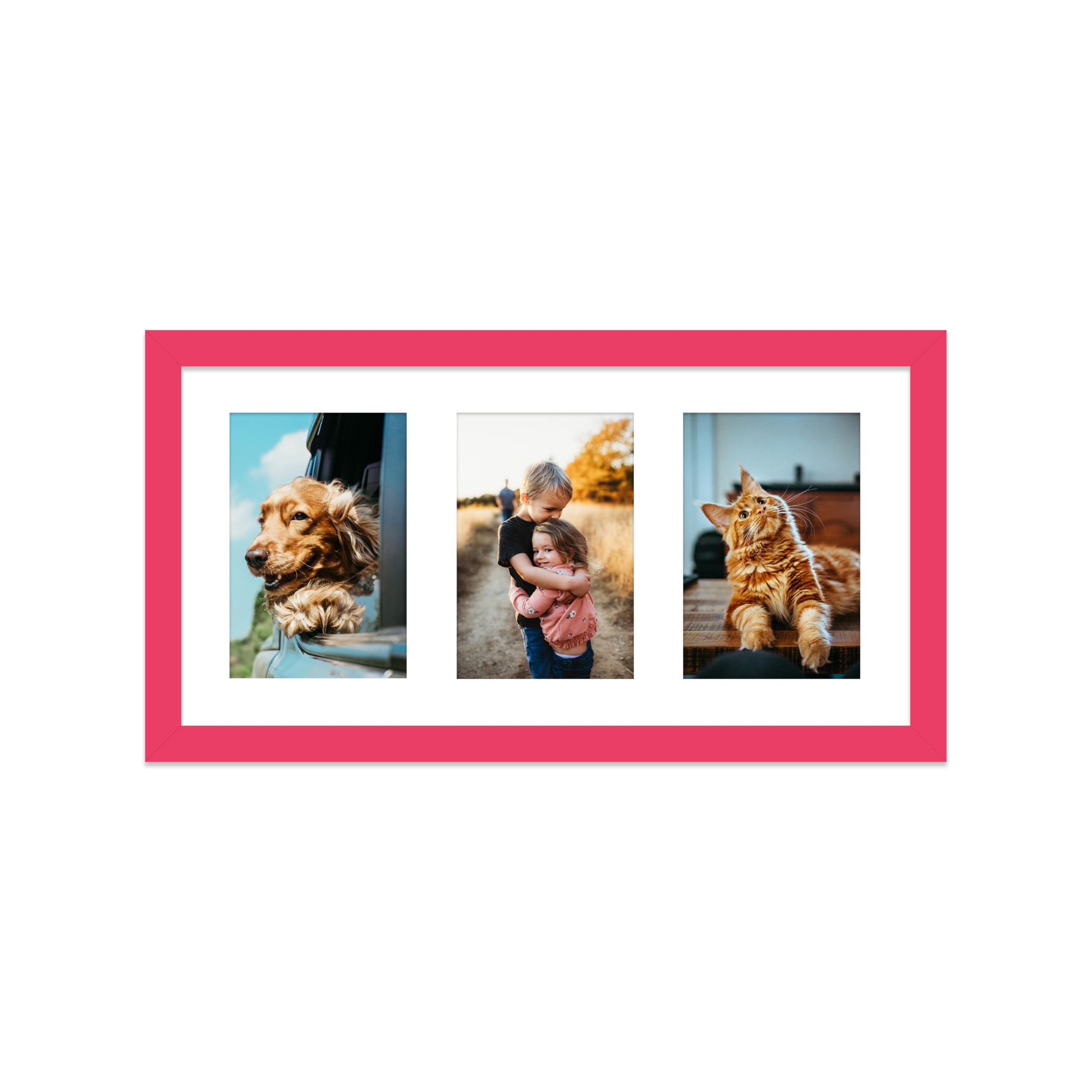 Bright Pink Multi Photo Frame - Holds 3 x 6x4 Pictures, Family Collage Picture Frame for Wall Display, 8x16 Panoramic Frame Size, Pack of 1