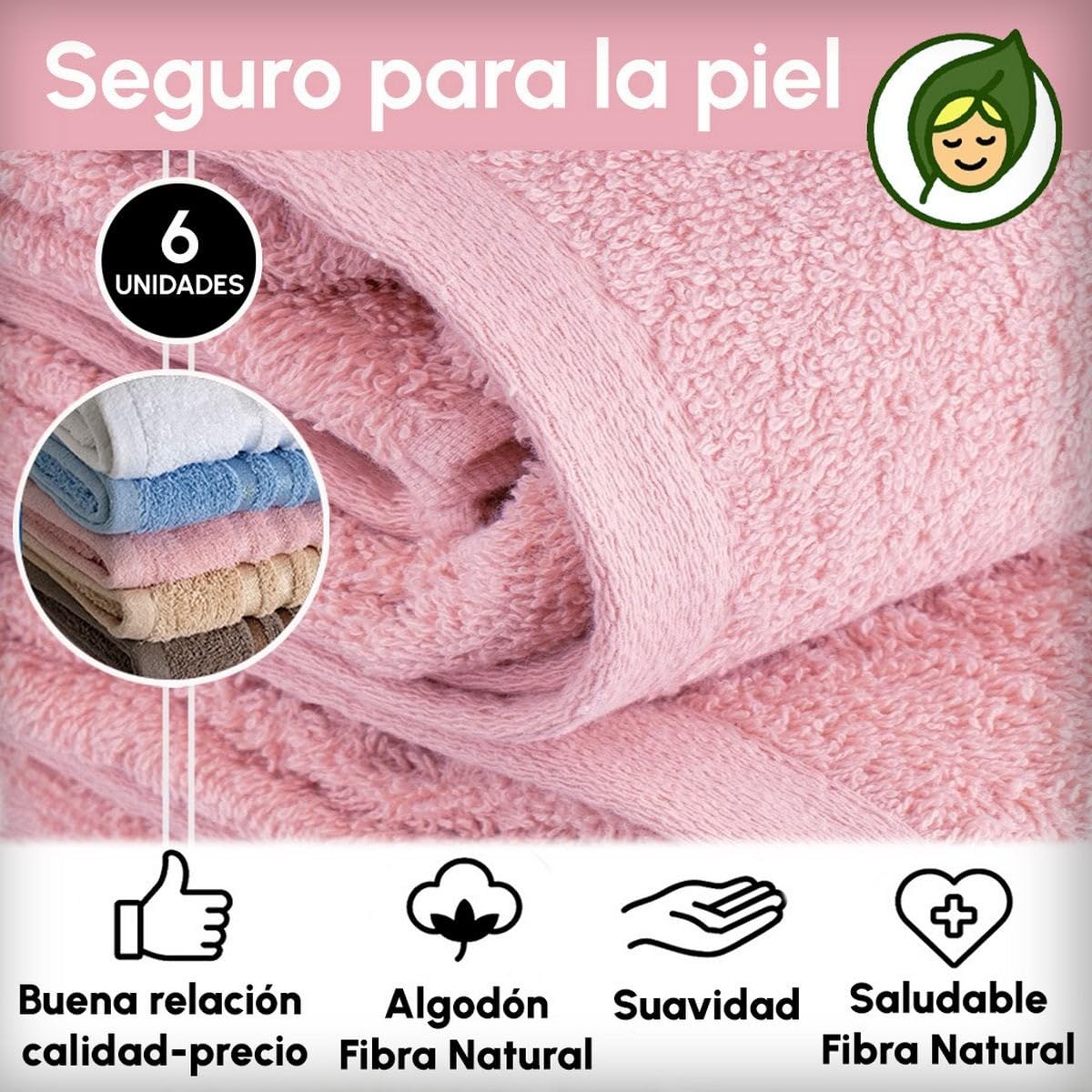 Juego de 6 Toallas de Ducha Grandes Rosa 100% algodón Rizo de 150x100 cm | Tejido suave de gran gramaje con alta absorción. Aptas para lavadora, de uso diario.
