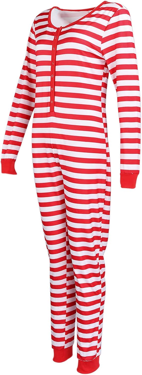 NUFIWI Women Striped Christmas Pajamas Button Down V Neck Jumpsuit Bodycon Long Sleeve One Piece Sleepwear - Image 5