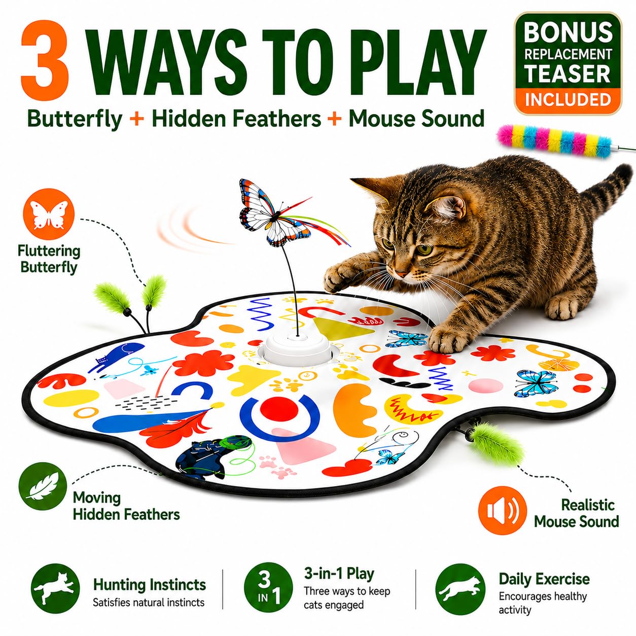 Pet's Var Jouets interactifs pour chats d'intérieur – Jouet pour chat à activation automatique du mouvement avec baguette mobile, son de papillon et de souris, jouet d'exercice rechargeable pour chats