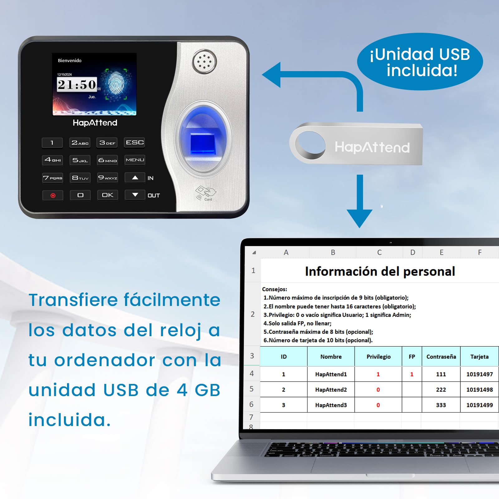 Control horario empleados, Español Reloj de fichar con Huella Dactilar, RFID Tarjetas, Maquina de fichar empleados de hasta 1000 usuarios sin conexión Internet Negro Escáner - H3