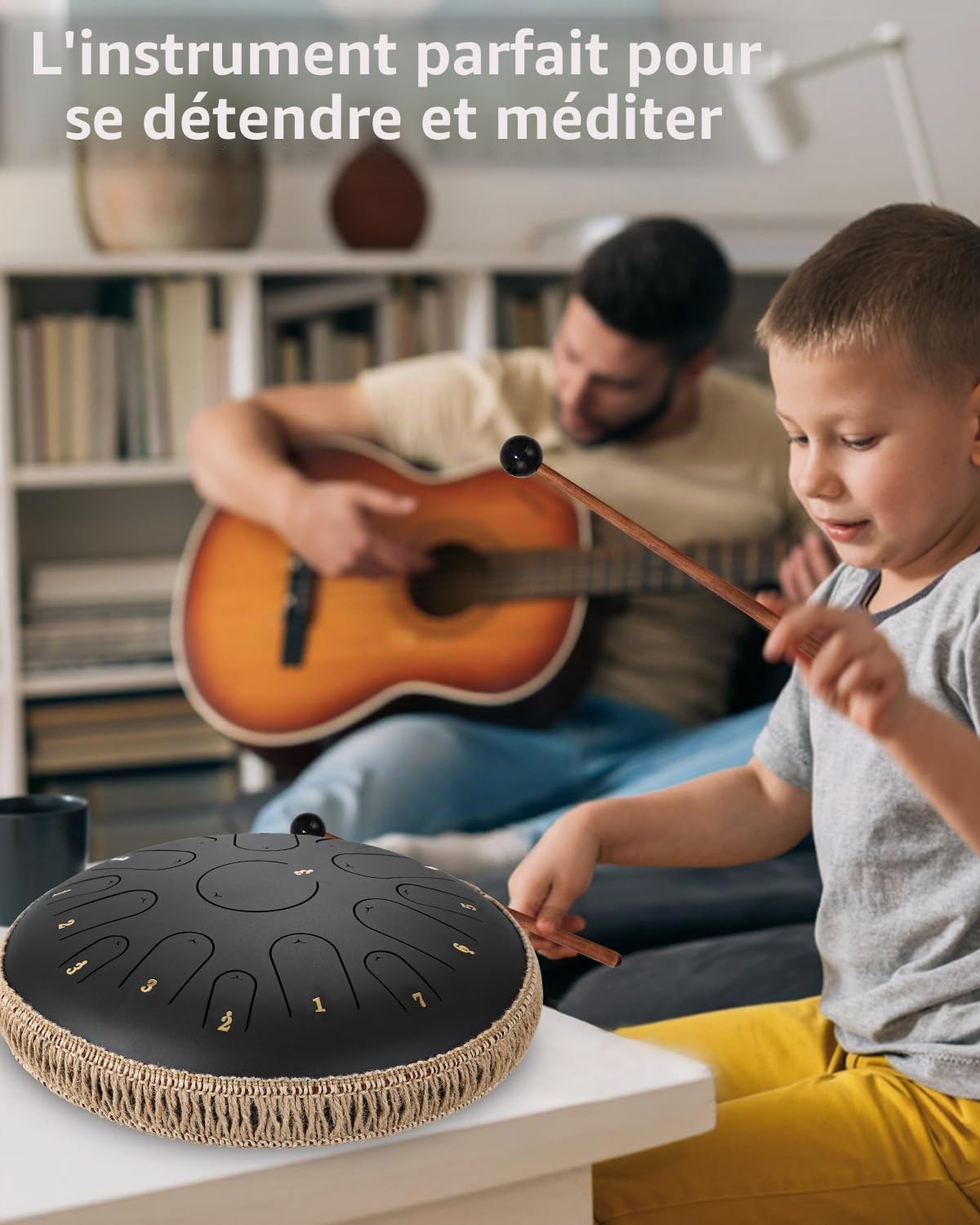 heuchaey Steel Tongue Drums,14 Pouces 15 Tons Tambour Handpan | Instrument de PercussionAvec le Sac,Des Maillets,Des Médiators,Livre de Musique Pour le pour la méditation,le yoga (Noir)
