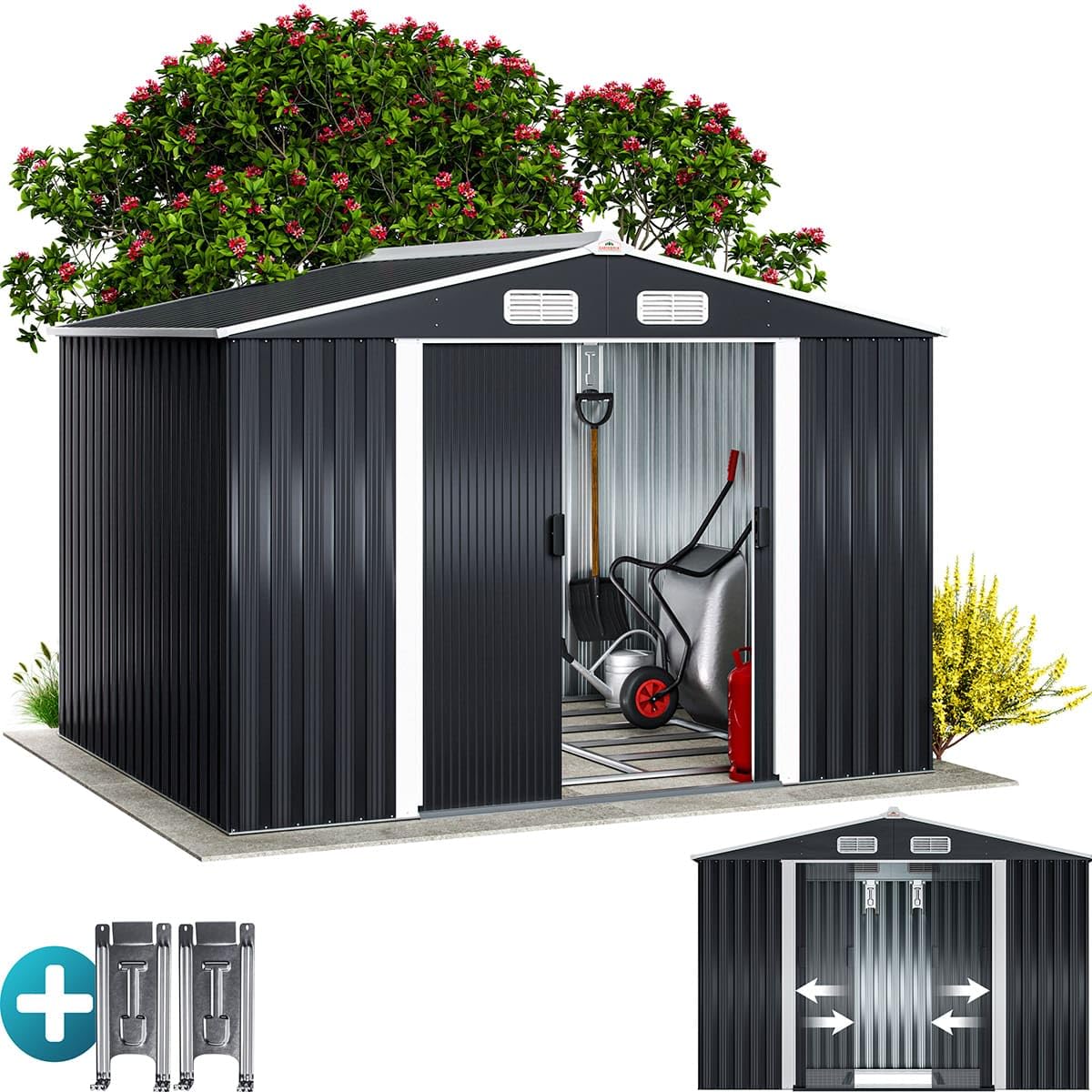 GARDEBRUK® Casetta per Attrezzi da Giardino XXL in Metallo 5m² con Base 257x205x178cm Porta Scorrevole Capanno Antracite con Tetto Prese d´Aria Capannone Rimessa da Esterno 9m³