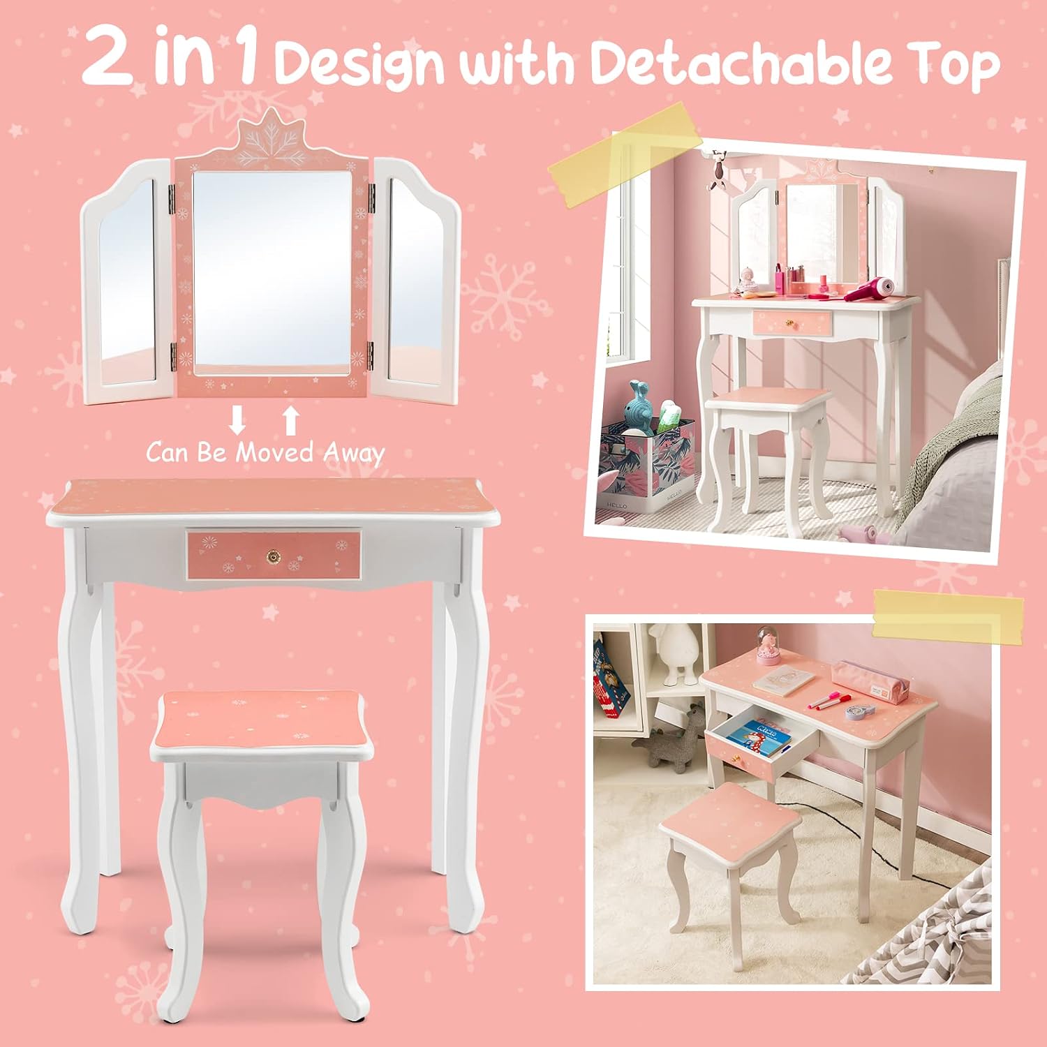MAT EXPERT Kids Vanity, Snowflake Themed Toddler Vanity with Tri-Folding Mirror, Storage Drawer, Pretend Play Princess Makeup Dressing Table, Wooden Girls Vanity Set with Mirror and Stool (Pink)