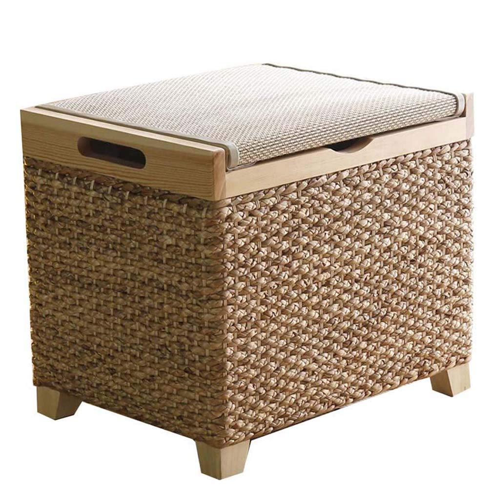 Tabouret de repose-pieds avec coffre en bambou tressé multifonction