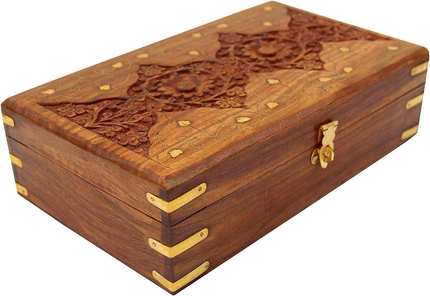 Fine Art Wooden Jewellery Box for Women Jewel Organizer Hand Carved Carving and Brass work Gift Items ! Wooden Storage Box ! Wooden Box for Necklaces !! 10x 6 !! FAS67