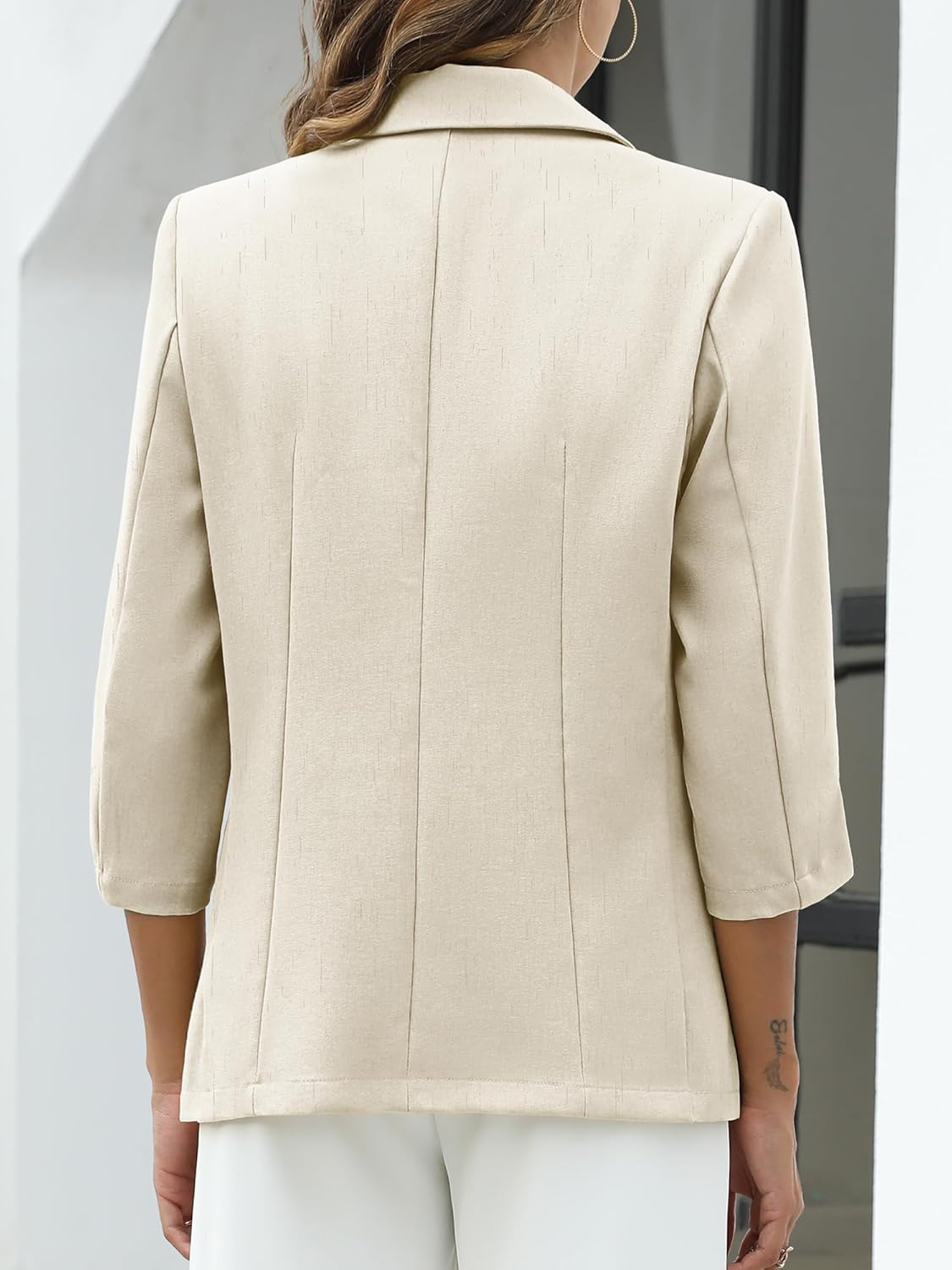 ELLEVEN Women's Linen Blazer 3/4 Ruched Sleeves, Lightweight Slim Fit Jackets with Pockets Half Lining - Image 2