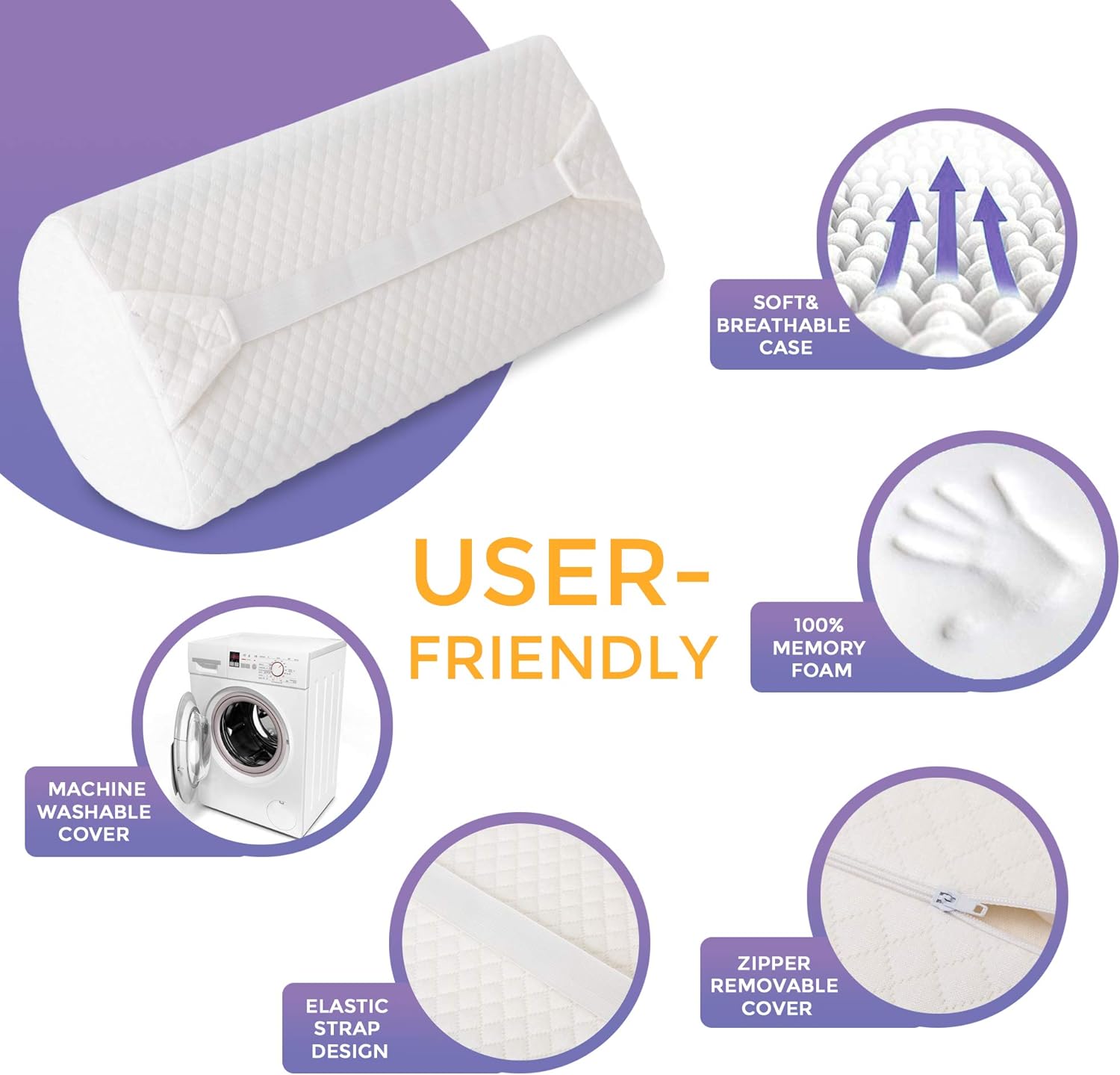 Hottest Sale wavveUziz Half Moon Bolster Pillow, Memory Foam Knee Pillow for Side, Back, Stomach Sleepers, Under Knee Pillow - Lumbar, Back, Neck, Hip Pain Relief Gel Infused Leg Bolster-Washable Cover with Strap