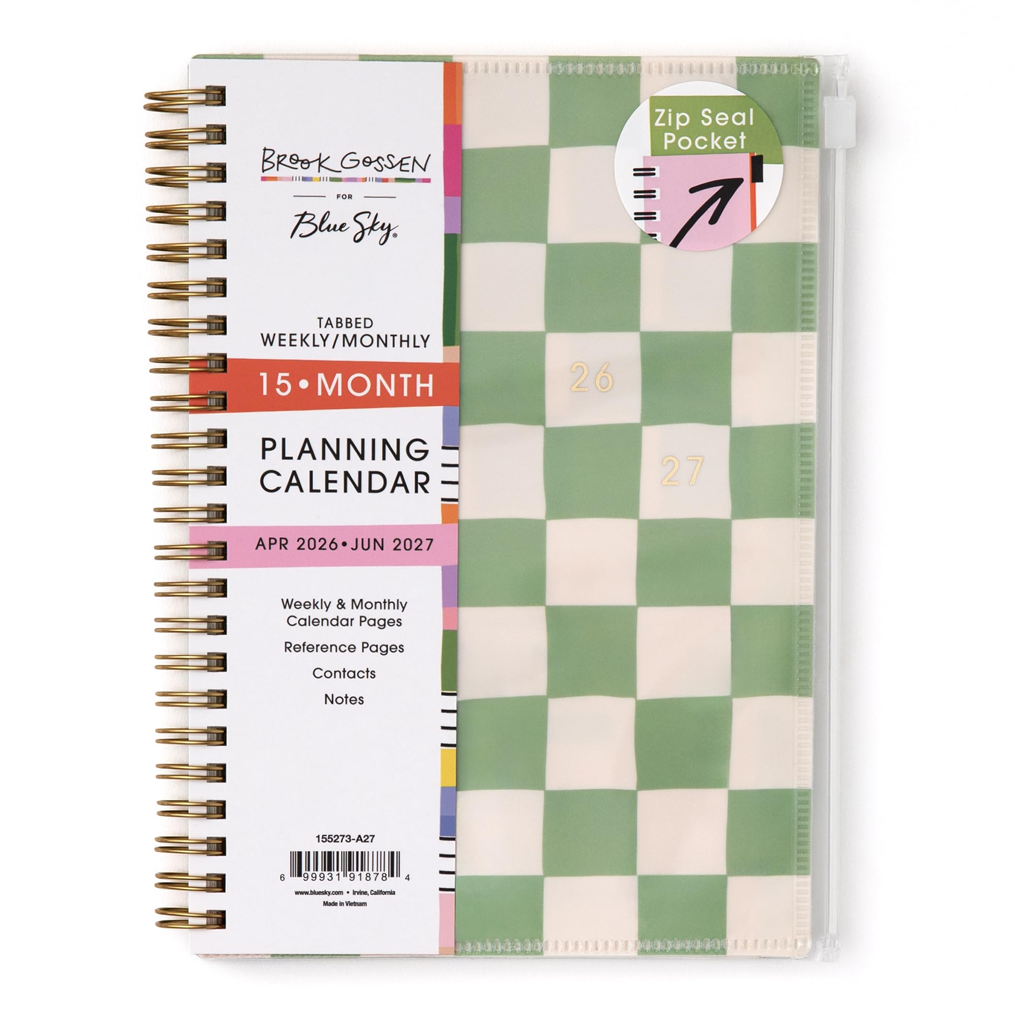 Blue Sky Brook Gossen 15 Month 2026-2027 Weekly and Monthly Academic Year Planner Calendar, April 2026 - June 2027, 5" x 8", Flexible Cover With Zip Pouch, Wirebound, Laminated Tabs, Storage Pocket
