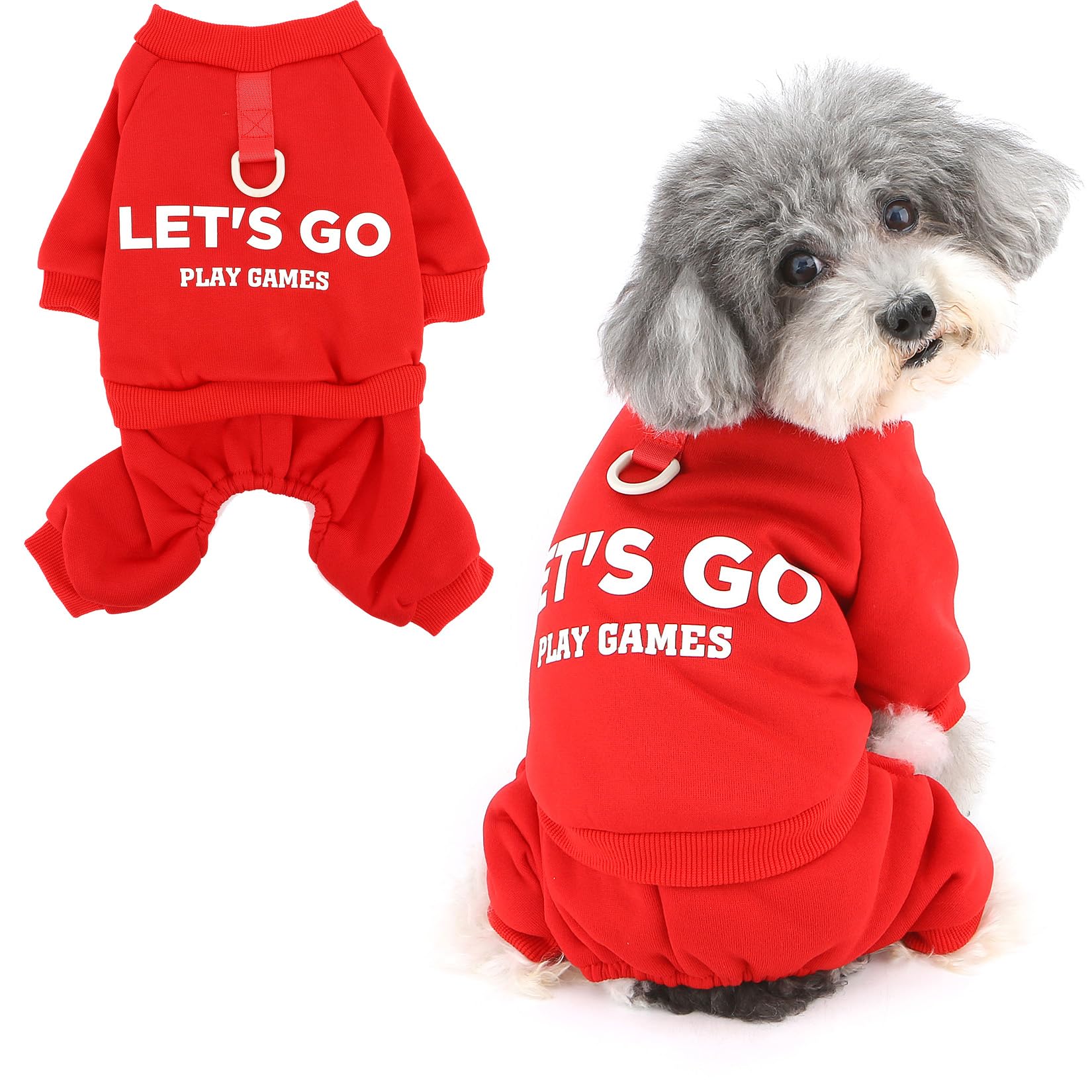 Ranphy Dog Tracksuit for Small Dogs Warm Puppy Jumpsuit with D-Ring and Letter Print Soft 4-Leg Pet Sweatshirt Pjs Cozy Comfortable Outfit Autumn Overall Chihuahua Yorkie Cat Clothes Red L