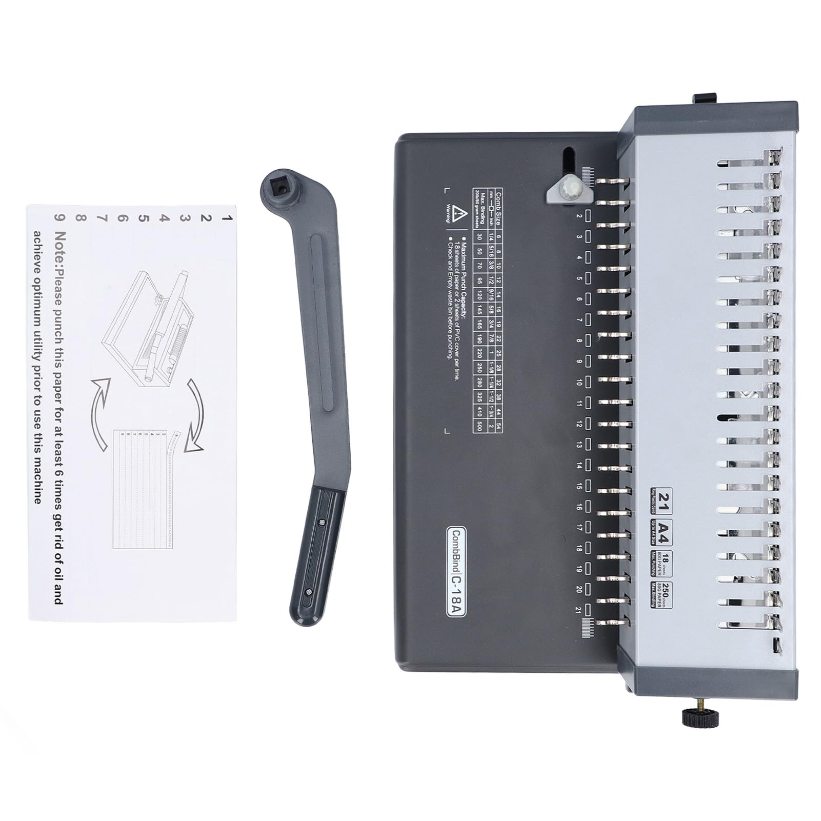 21 Hole Comb Binding Machine with Handle, Book Binder for A4 A5 Letter Size, 250 Sheets Binding Capacity, 18 Sheets Punching, Adjustable Margin Guide for Office School Home Use