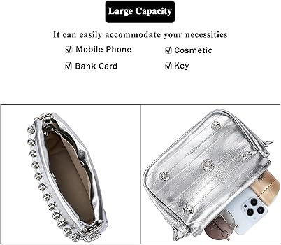 COAIMANEY Womens Y2k Sparkly Silver Handbag with Bead Chain