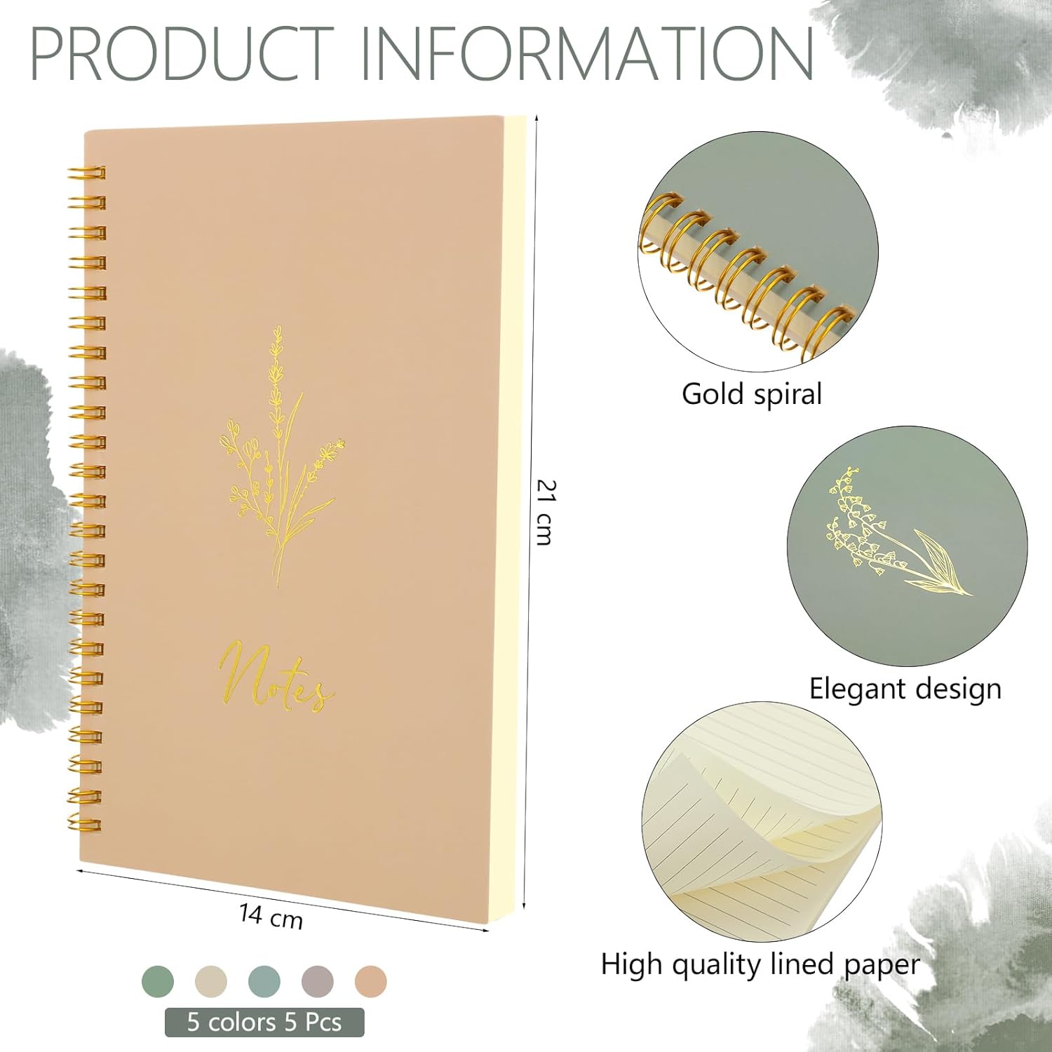 Gueevin 5 Pack Spiral Notebook Aesthetic School Supplies A5 Wide Ruled 160 Pages/ 80 Sheets Cute Notebook for Work Students School Office Supplies(Light Colors,Classic) - Image 3