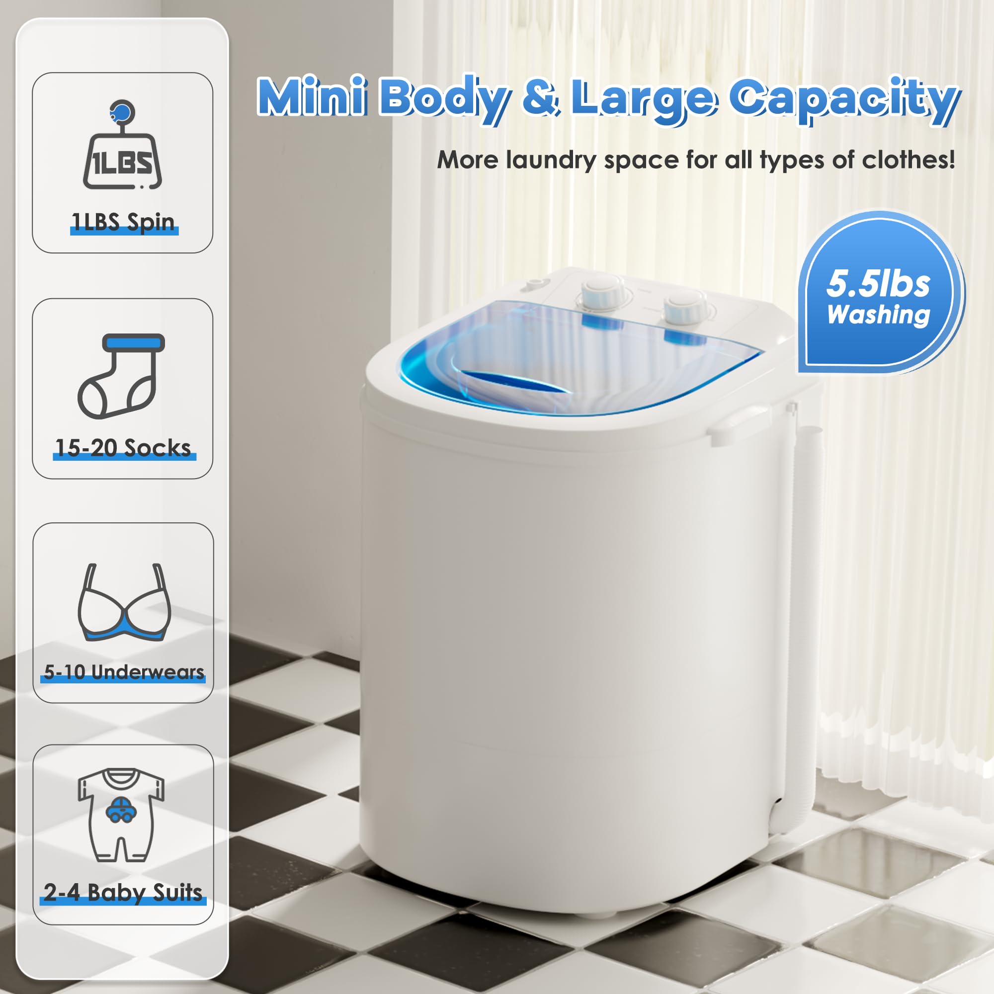 INTERGREAT Lavatrice portatile, mini lavatrice e centrifuga, capacità di lavaggio 2,5 kg, lavatrice semiautomatica con vasca centrifuga e tubo di scarico, perfetta per appartamenti dormitorio camper