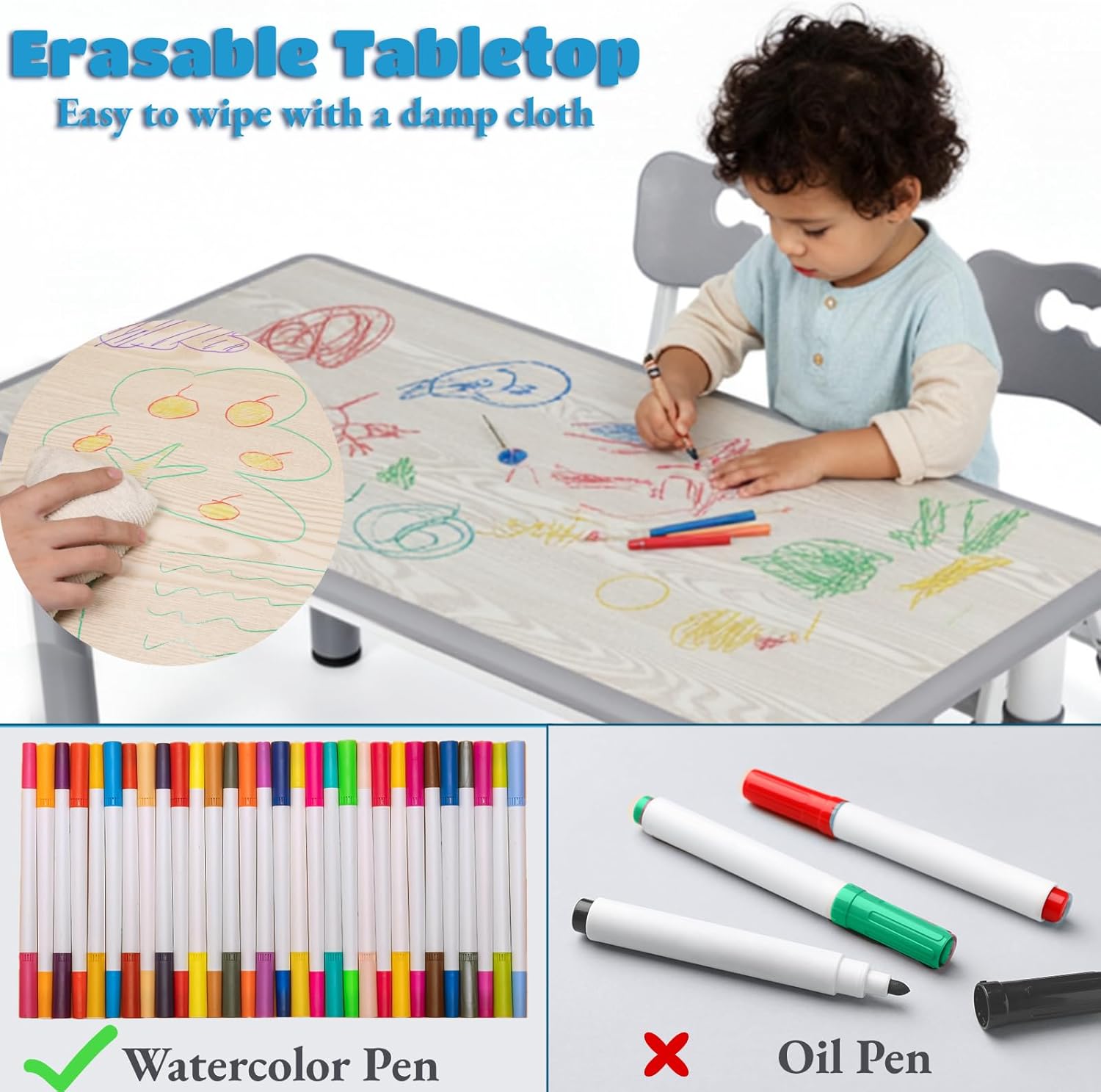 Arlopu Kids Table and 4 Chairs, Height Adjustable Toddler Desk & Chair Set, Anti-Slip Legs, Graffiti Desktop, Children Large Multi-Activity Table with 47.2" x 23.6", Classroom, Homes, Daycares (Grey)