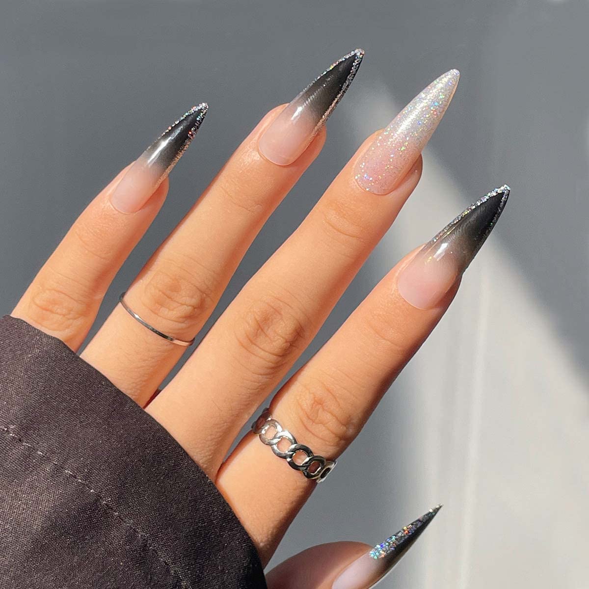 24 Pcs press on Black silver || Gradient Ombre Bling finish || Press On Artificial fake Nail extension set || With strong 2gm Nail Glue & Nails Apply kit For girls women.-image-35