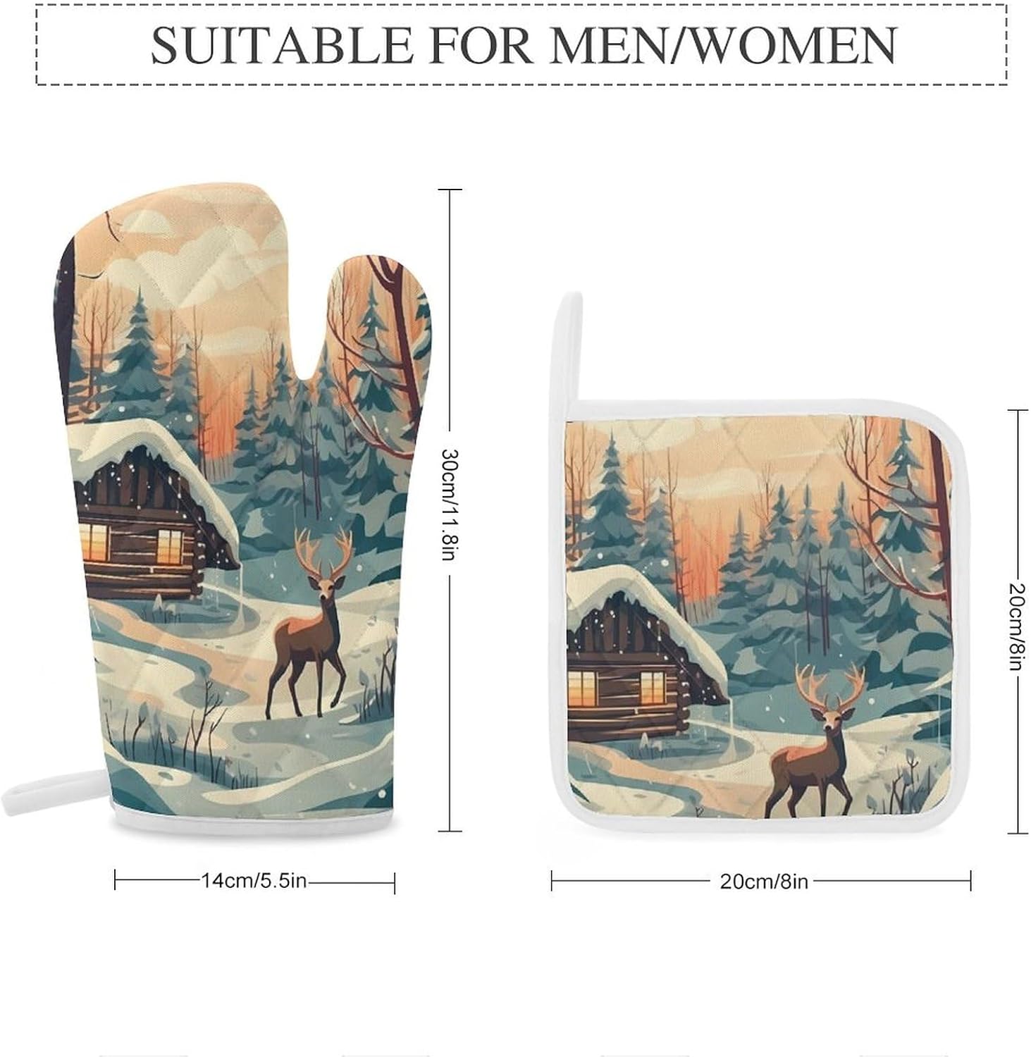 Xmas Deer Cabin 4 Pcs Oven Mitts and Pot Holders Set High Heat Resistant Long Kitchen Oven Glove Potholders