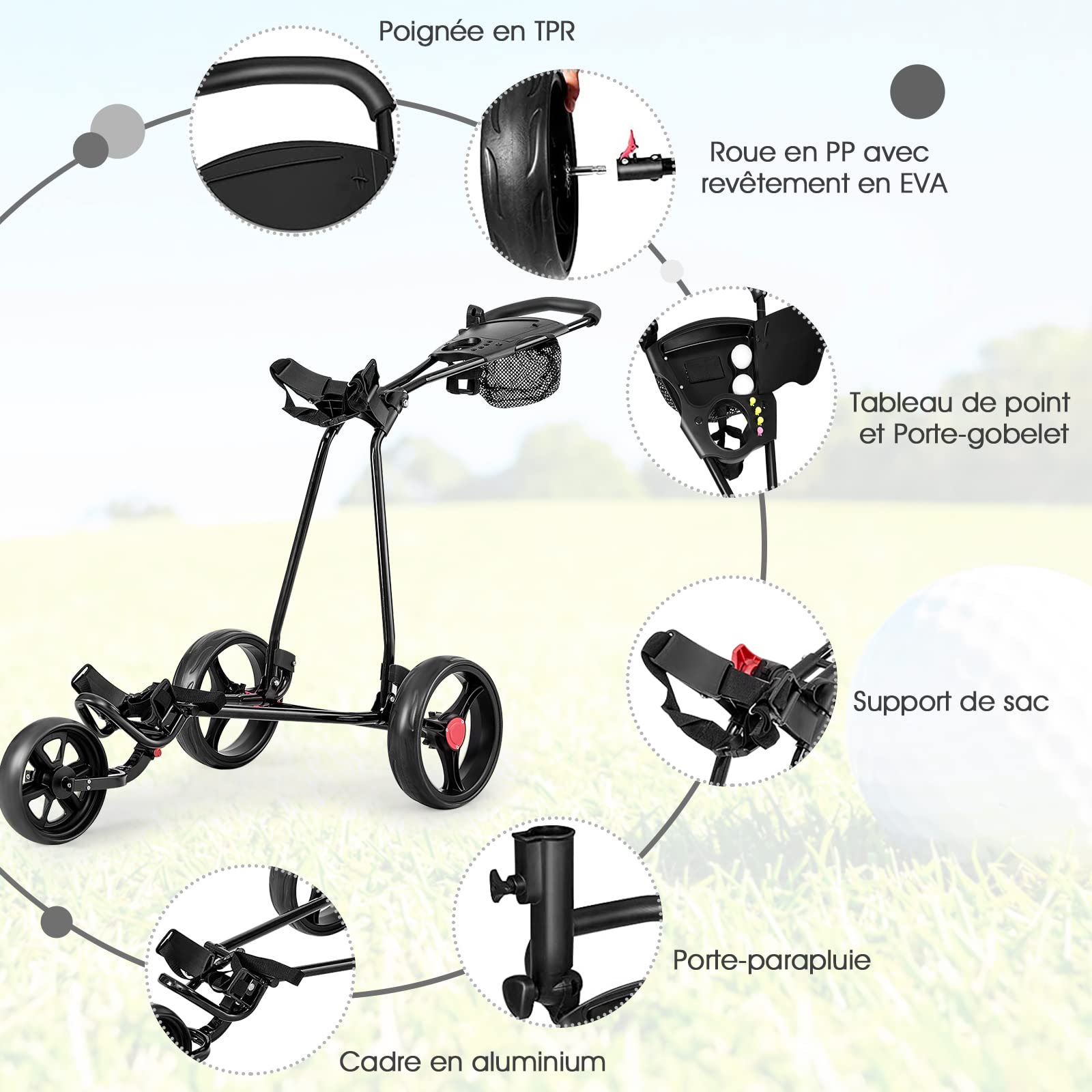RELAX4LIFE Carrito de Golf Plegable en Marco de Hierro con 3 Ruedas y Frenos, Carro de Golf con Soporte para Teléfono, Titular de Paraguas y Asa Ajustable en Altura y Ángulo, 91,5x60x129,5cm, Negro
