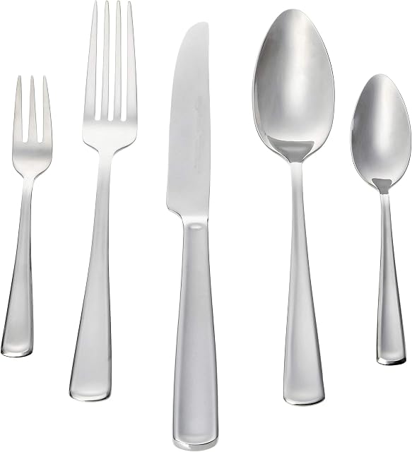 Amazon Basics 60-Piece Flatware Set, Silver - Service for 12 [modern style]