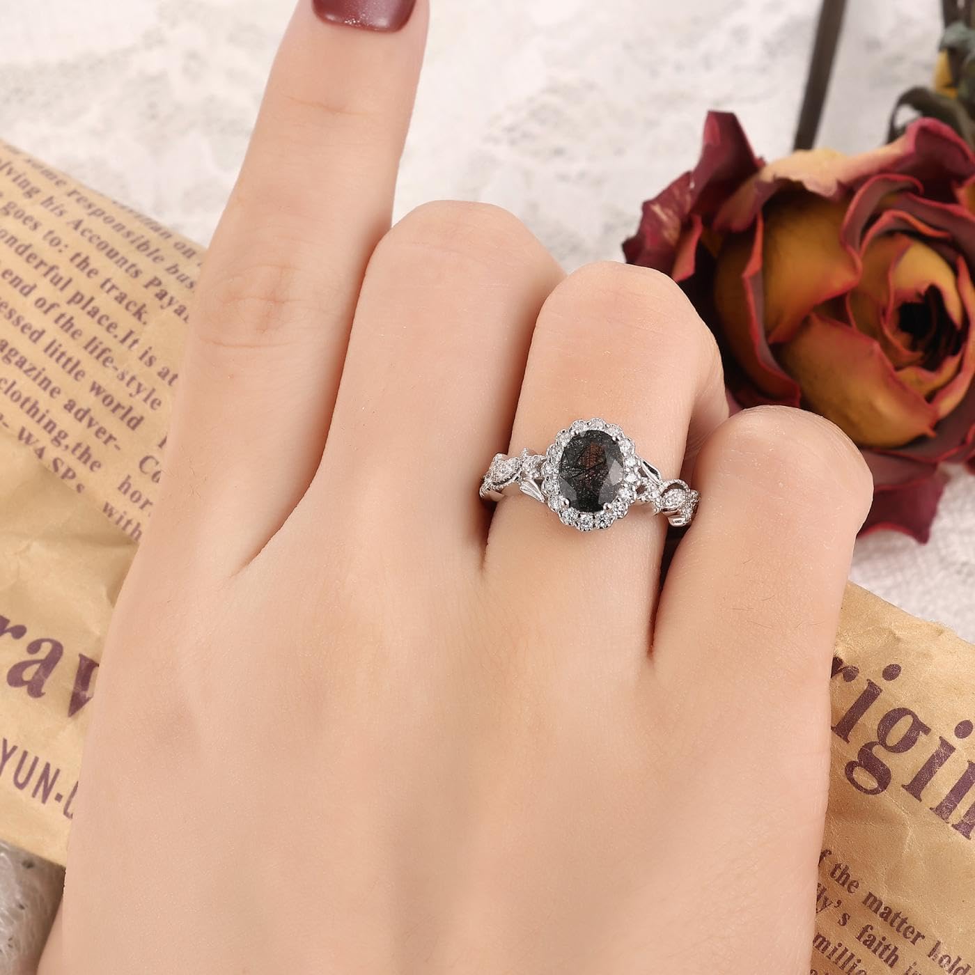Natural Gemstone Engagement Ring for Women 925 Sterling Silver Platinum Plated Moss Agate/Black Rutilated Quartz Vintage Promise Wedding Ring for Her Size 4-9
