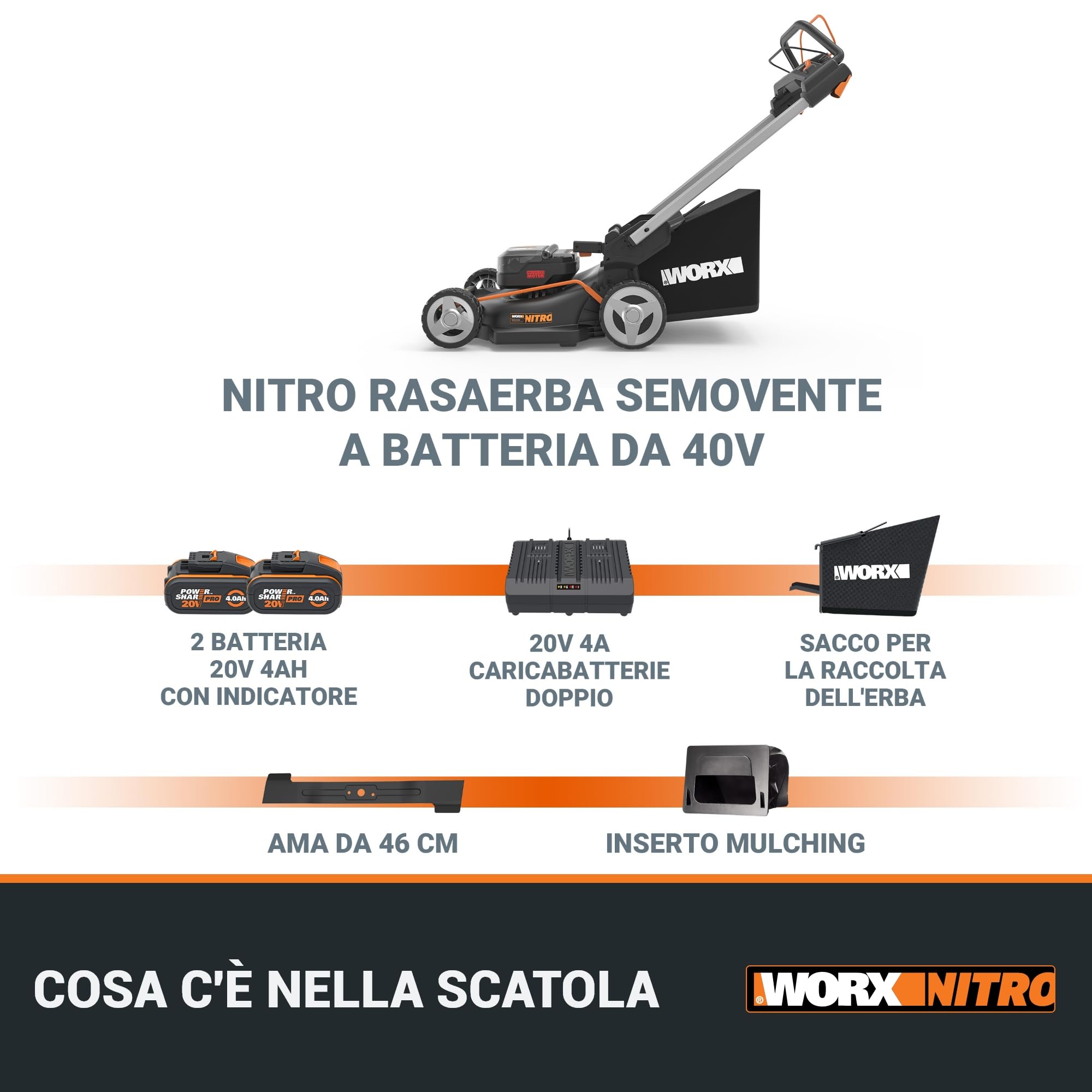 WORX Nitro WG749E Rasaerba 40 V (2 x 20 V) | PowerShare | Include 2 batterie 4 Ah e caricatore doppio | 46 cm con trazione | Mulching | 7 posizioni di altezza