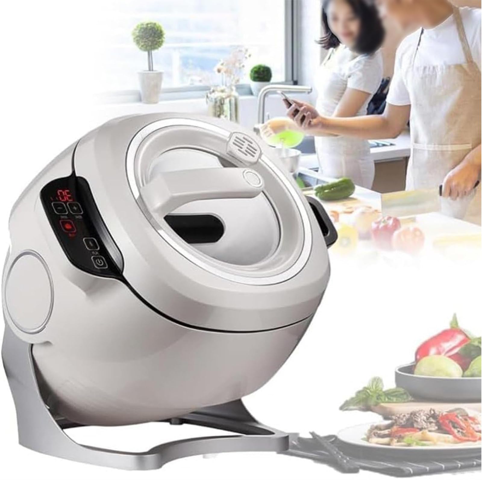 Machine de Cuisson Automatique Intelligente, Machine À Riz Frit Au Wok de Cuisson Automatique 2000 W 6 L, Démarrage Intelligent en Un Clic,Rotation Automatique À 360 °