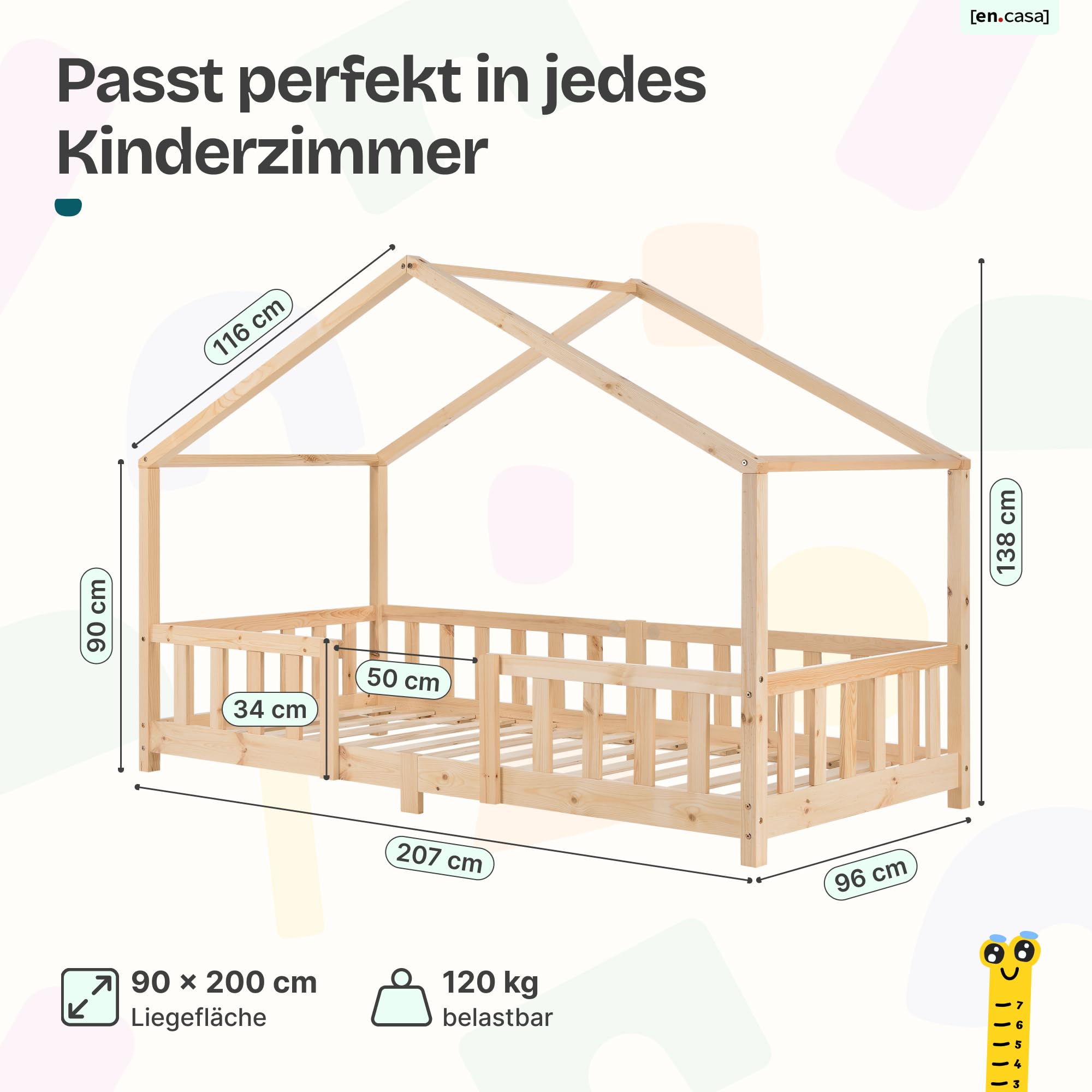[en.casa] Kinderbett Treviolo mit Matratze 90 x 200 cm Hausbett Holzbett für Kinder mit Rausfallschutz Montessori Bettgestell mit Lattenrost Spielbett Kiefernholz Holz Natur